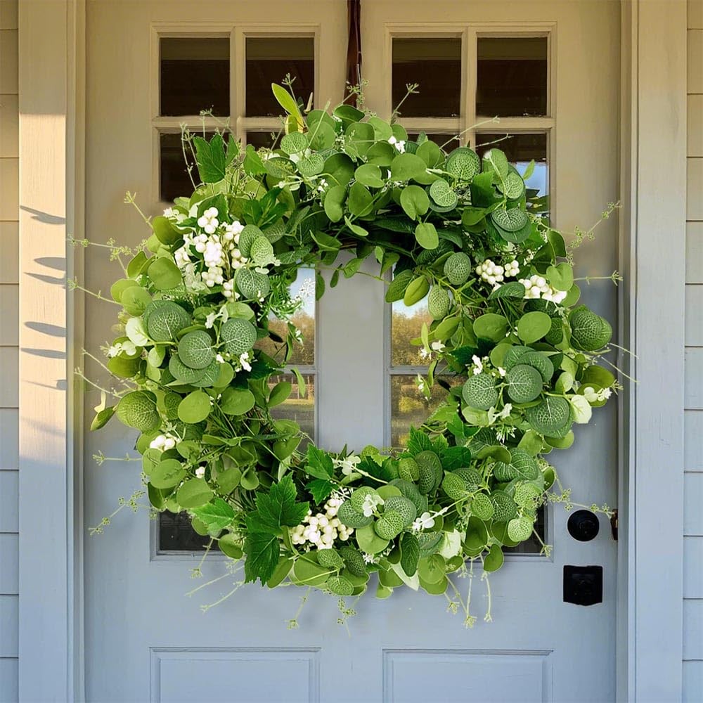 Eucalyptus Wreath 24 Inch, Spring Summer Wreaths for Front Door Outside with Whi