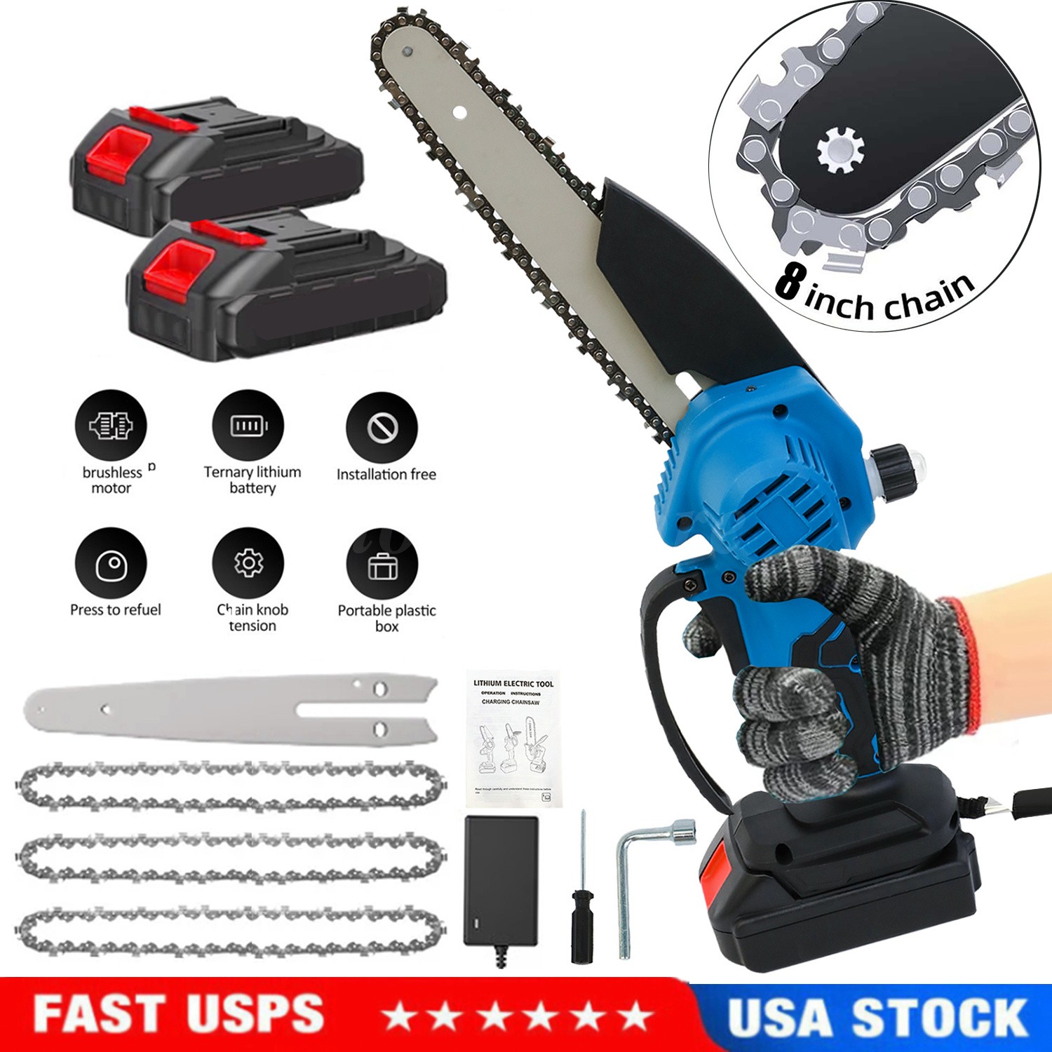 for Makita 8inch Electric Mini Chainsaw Cordless Handheld Saw 2 Battery + 3Chain