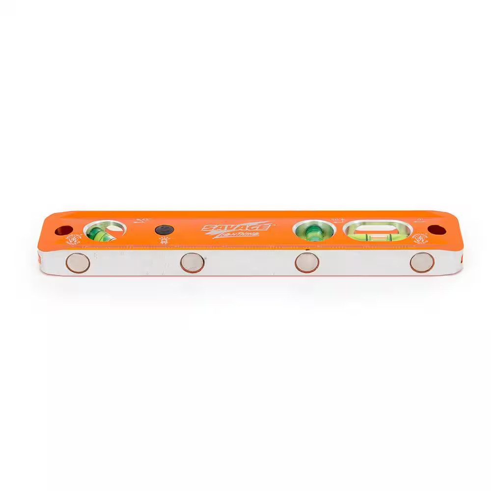 9 In. Aluminum Lighted Magnetic Torpedo Level with 3 Bubble Vials, Etched Ruler