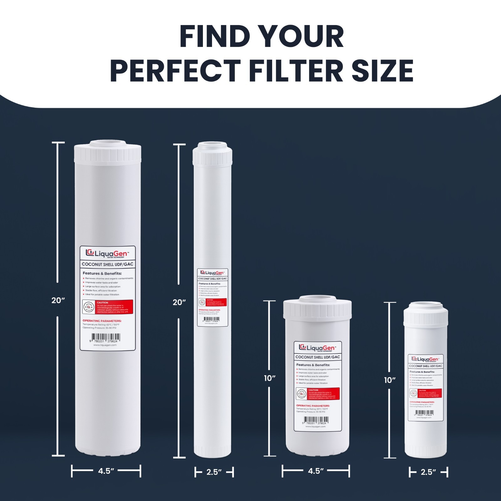 LiquaGen 4.5” x 10” GAC/UDF Filter Cartridge – Chlorine, Taste & Odor Reduction