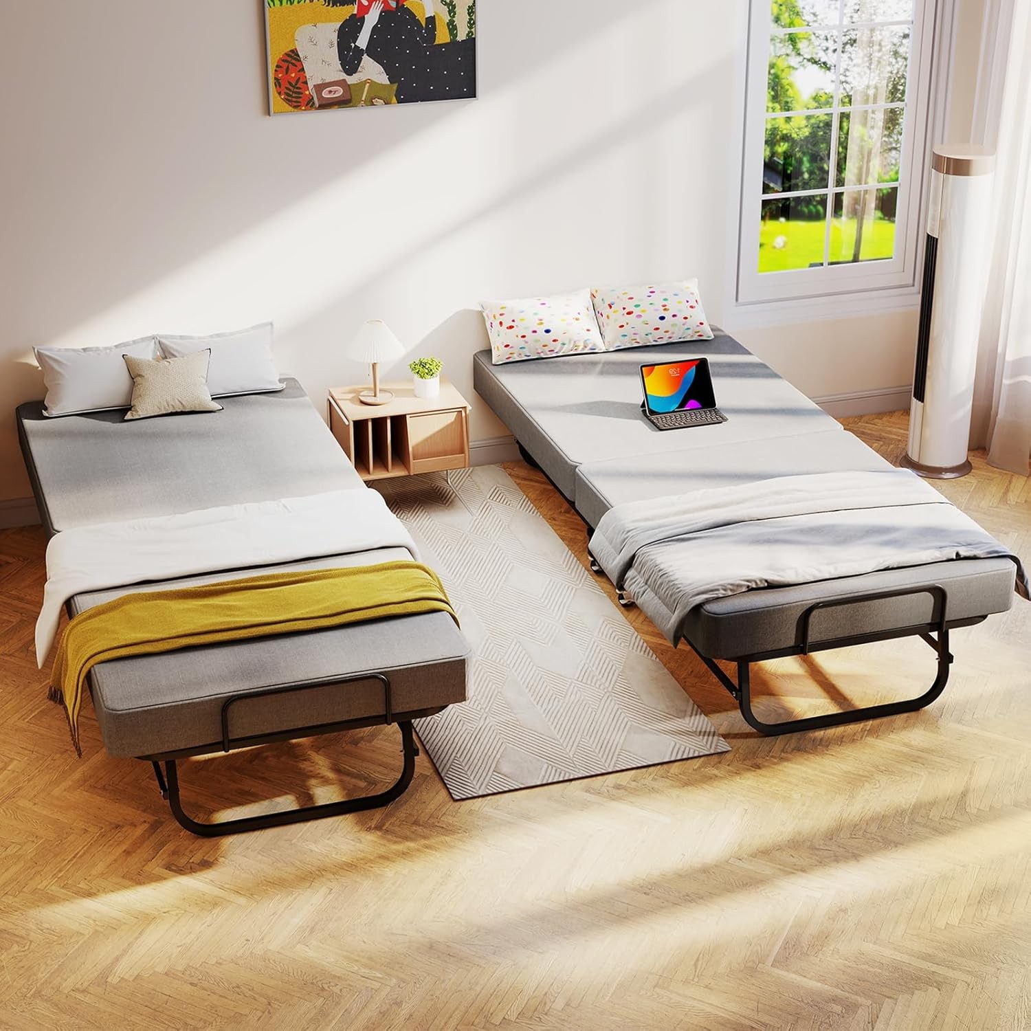 Portable Folding Bed with Memory Foam Mattress Rollaway Metal Frame Guest Bed