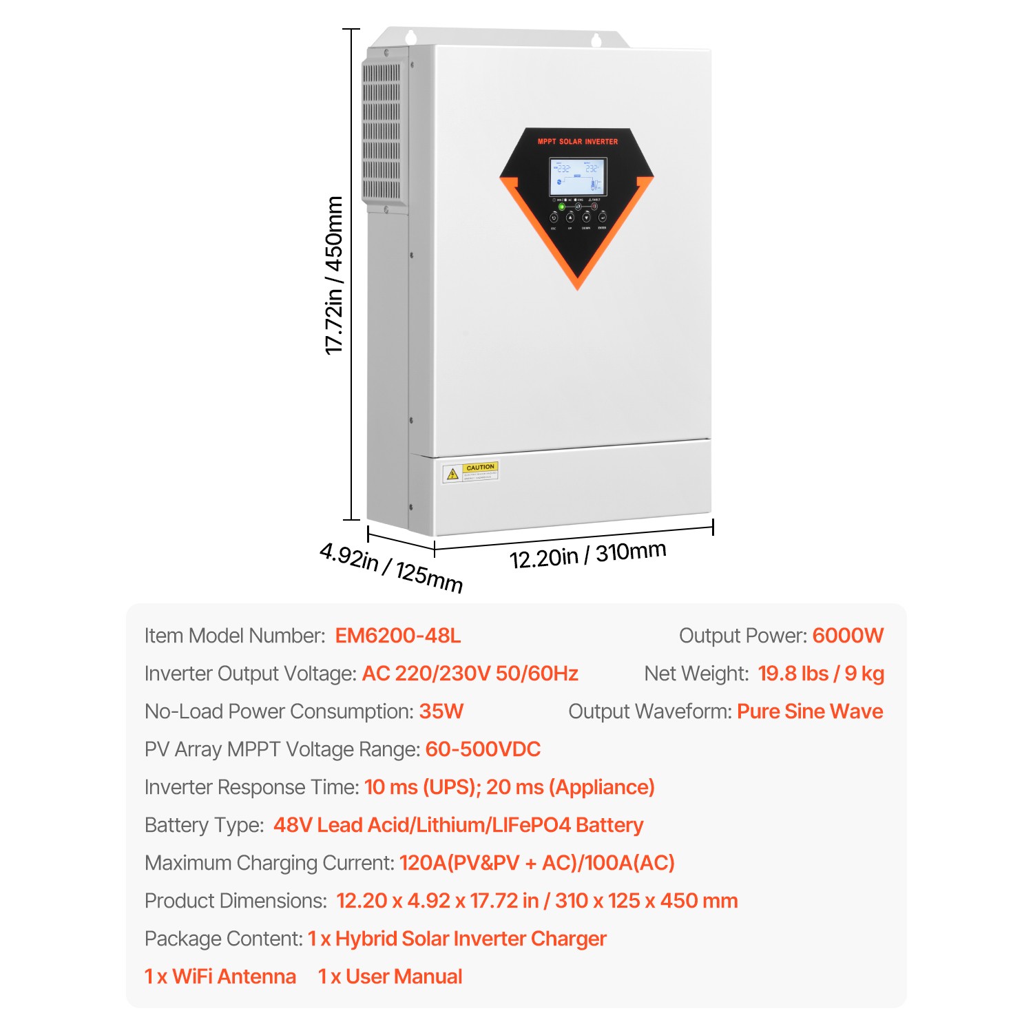 Hybrid Solar Inverter Charger 6000W 220/230V with Built-in 120A MPPT Controller