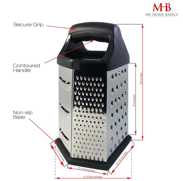 Box Graters for Kitchen, 6 Sided, Multi-purpose Cheese/Veggies, Stainless Steel