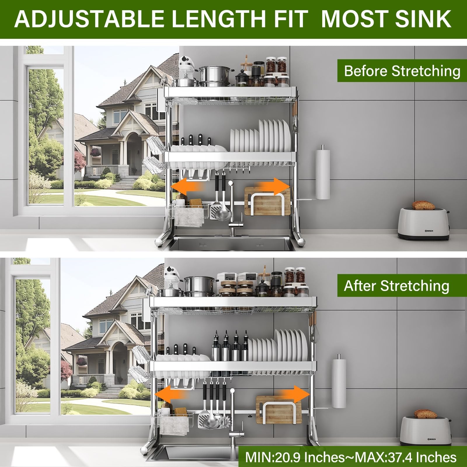 Over The Sink Dish Drainer Drying Rack 3 Tier, Full Stainless Steel Dish Dryi…