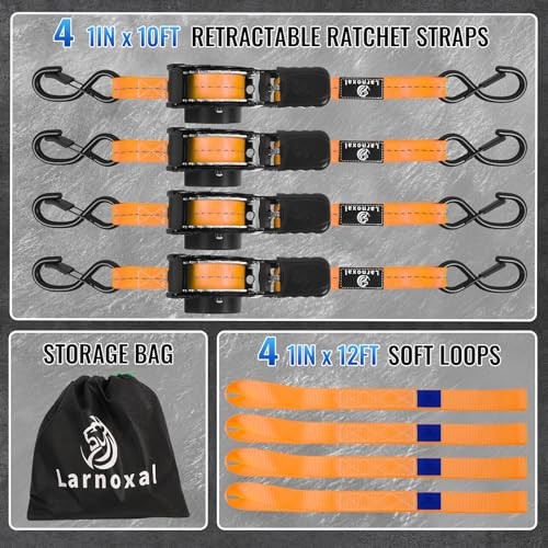 Retractable Ratchet Straps 4 Pack – 1,500 Lbs Break Strength 1 in x 10 Orange