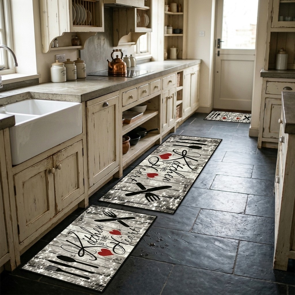 Non-Slip Washable Kitchen Floor Mat with Rustic Utensil Print Crystal Velvet