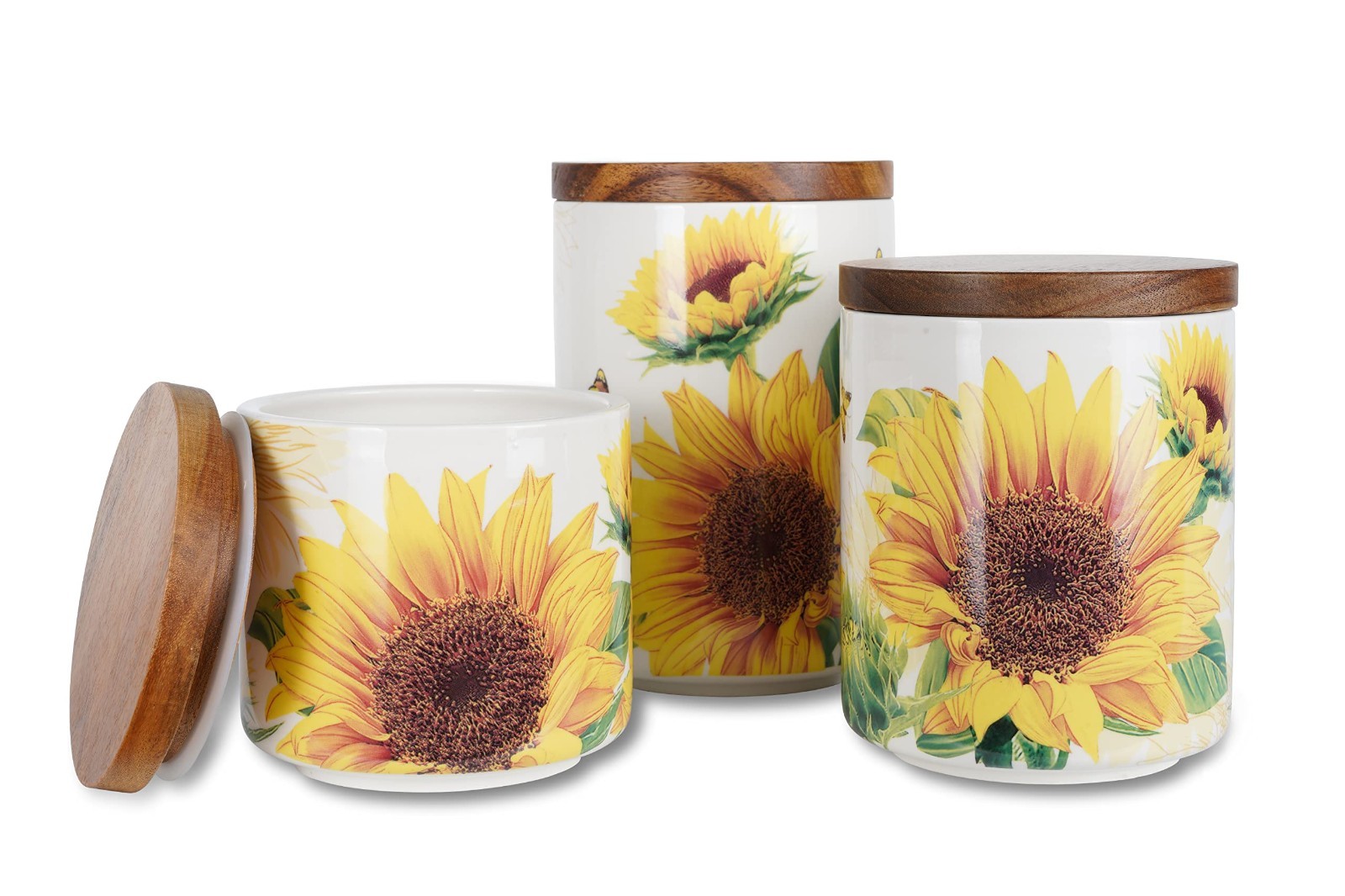 Ceramic Canister Set for Kitchen – Sunflower Design, Tea Coffee Sugar Storage, 3