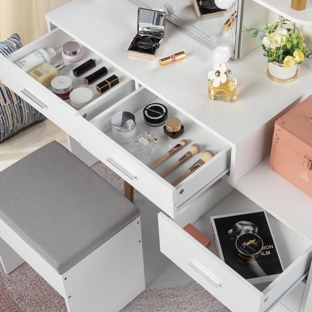 5 Drawers Vanity Desk Set with Large LED Lighted Mirror for Bedroom Makeup Dress