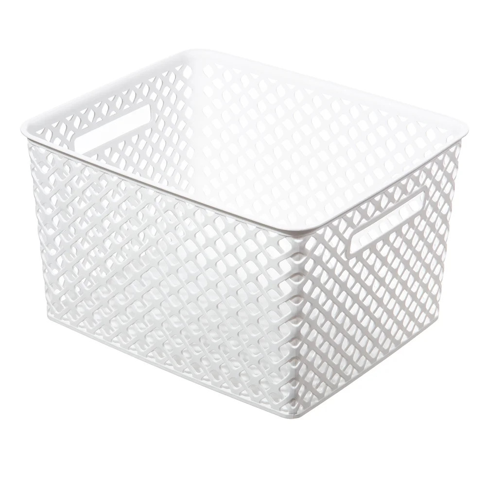 Large White Decorative Plastic Storage Basket, 14.7 in x 12 in x 8.5 in