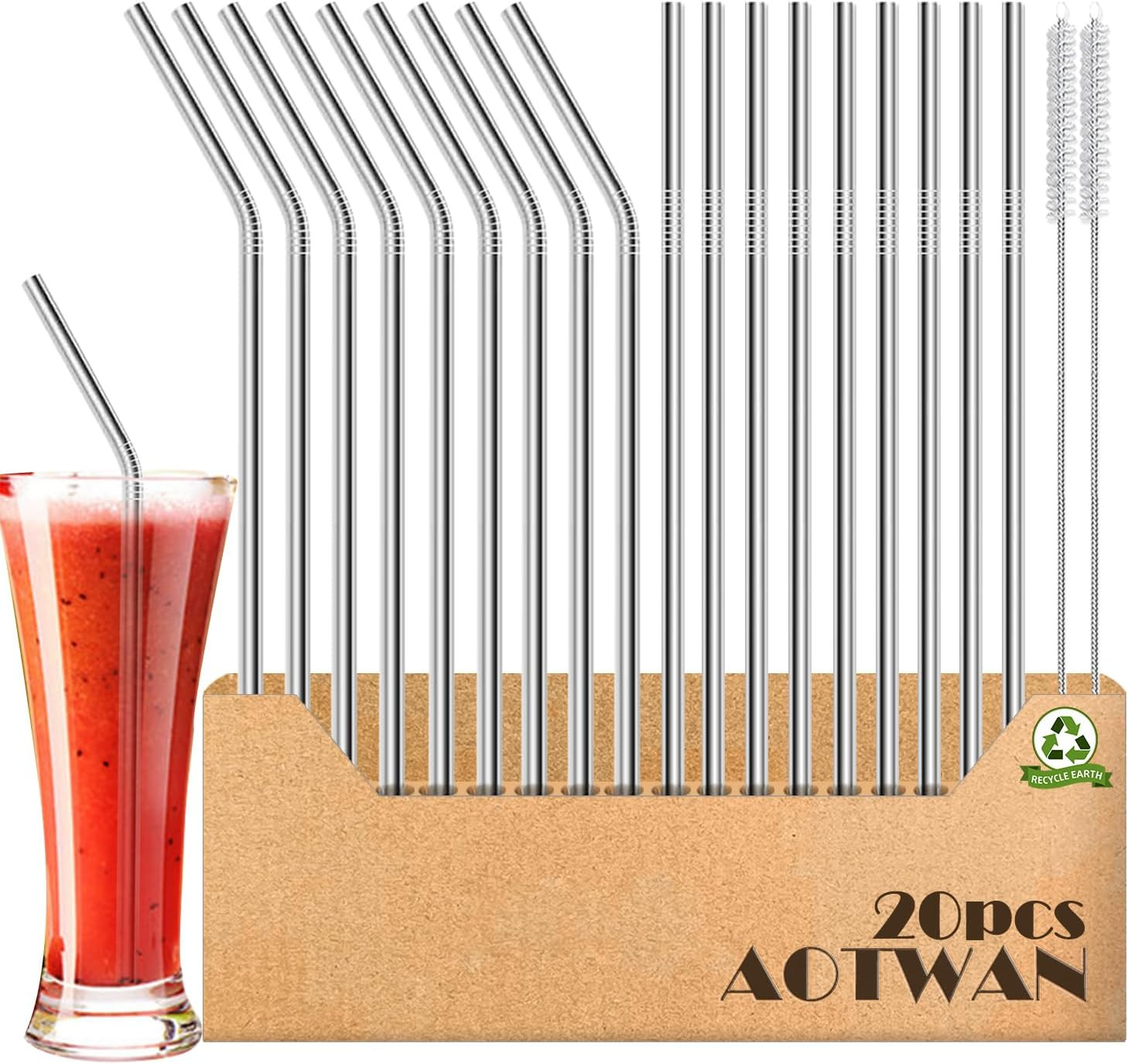20-Pack Reusable Stainless Steel Metal Straws, 9 Straight + 9 Bent 8.5 Inch Meta