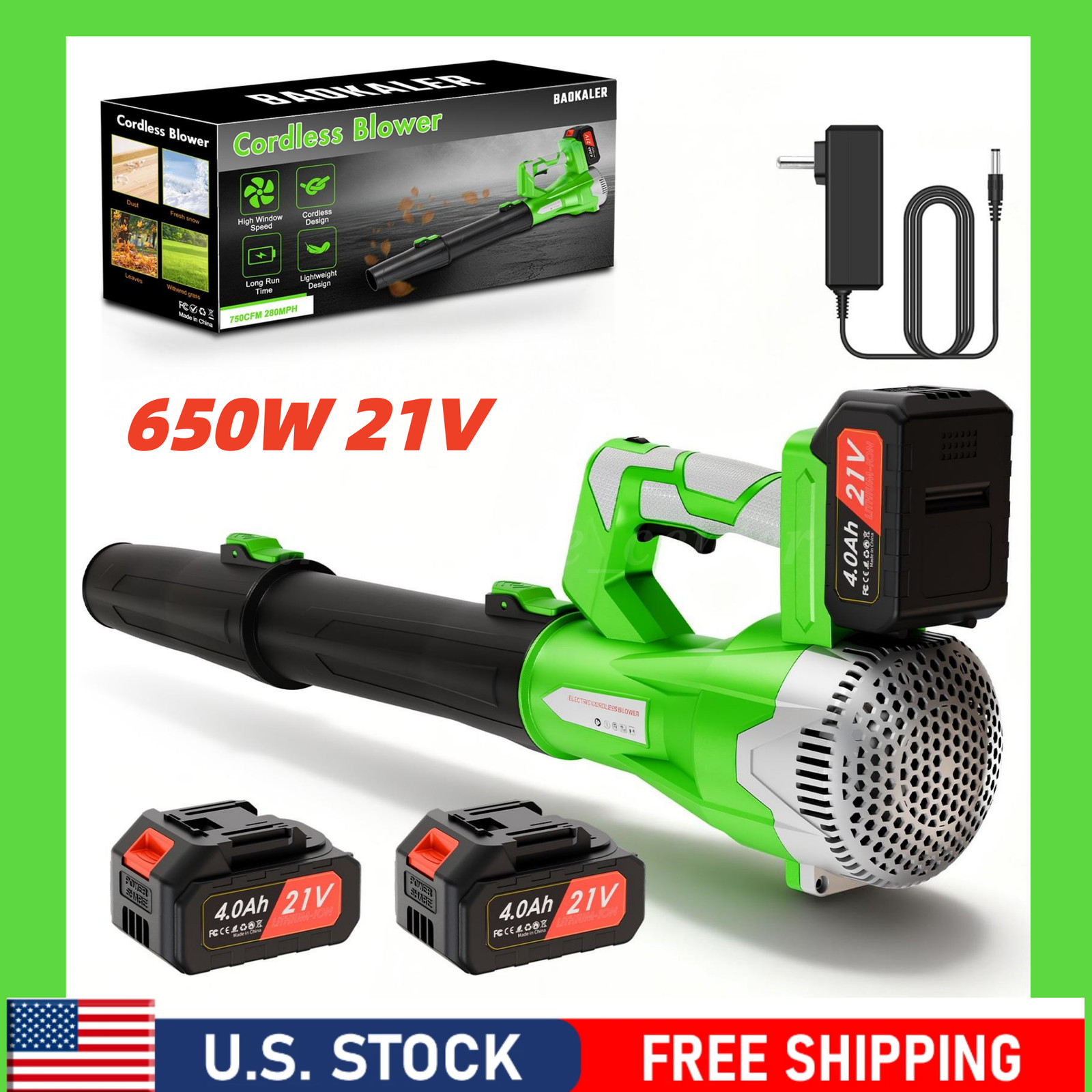 650W 21V Cord Leaf Blower 650CFM 6-Speed 2×4.0Ah Charger Yard Snow Garage Clean