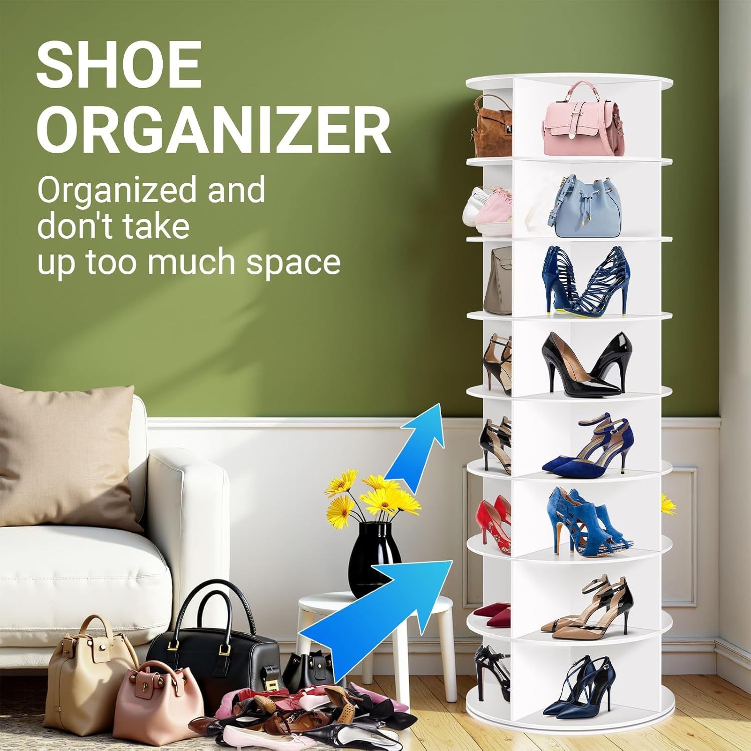 7 Tier Rotating Shoe Rack Tower Organizer Revolving 360 White Shoe Rack Storage