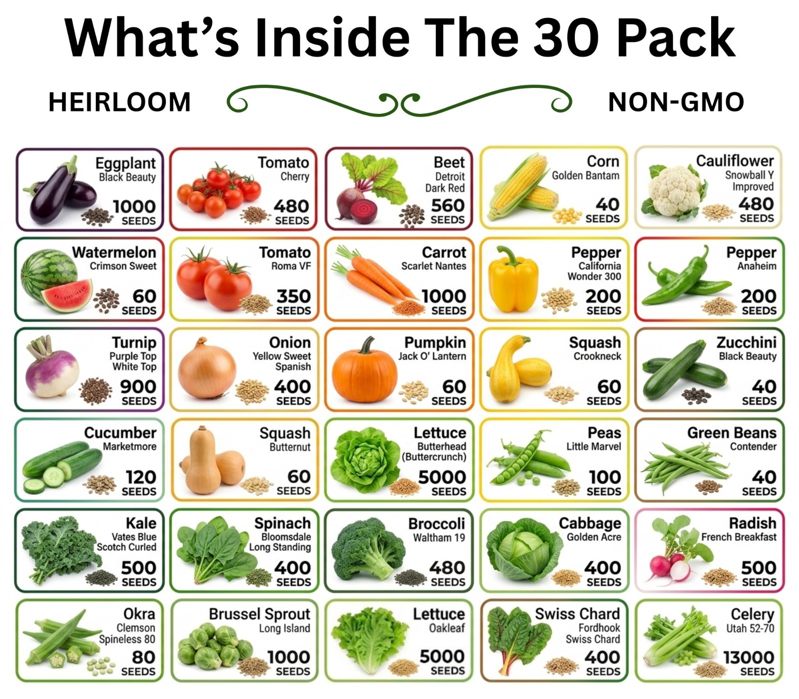 20-50 Variety Heirloom Vegetable Herb Seeds Kit 10000-50000 Bulk Garden Seed Lot