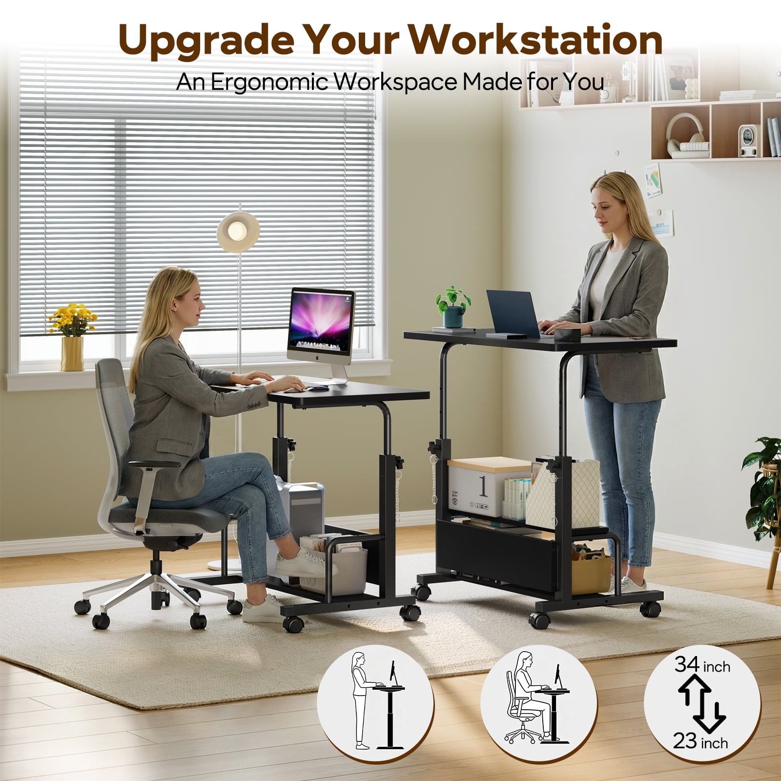 Black Height Adjustable Rolling Standing DeskSmall Space Home Office Study Table