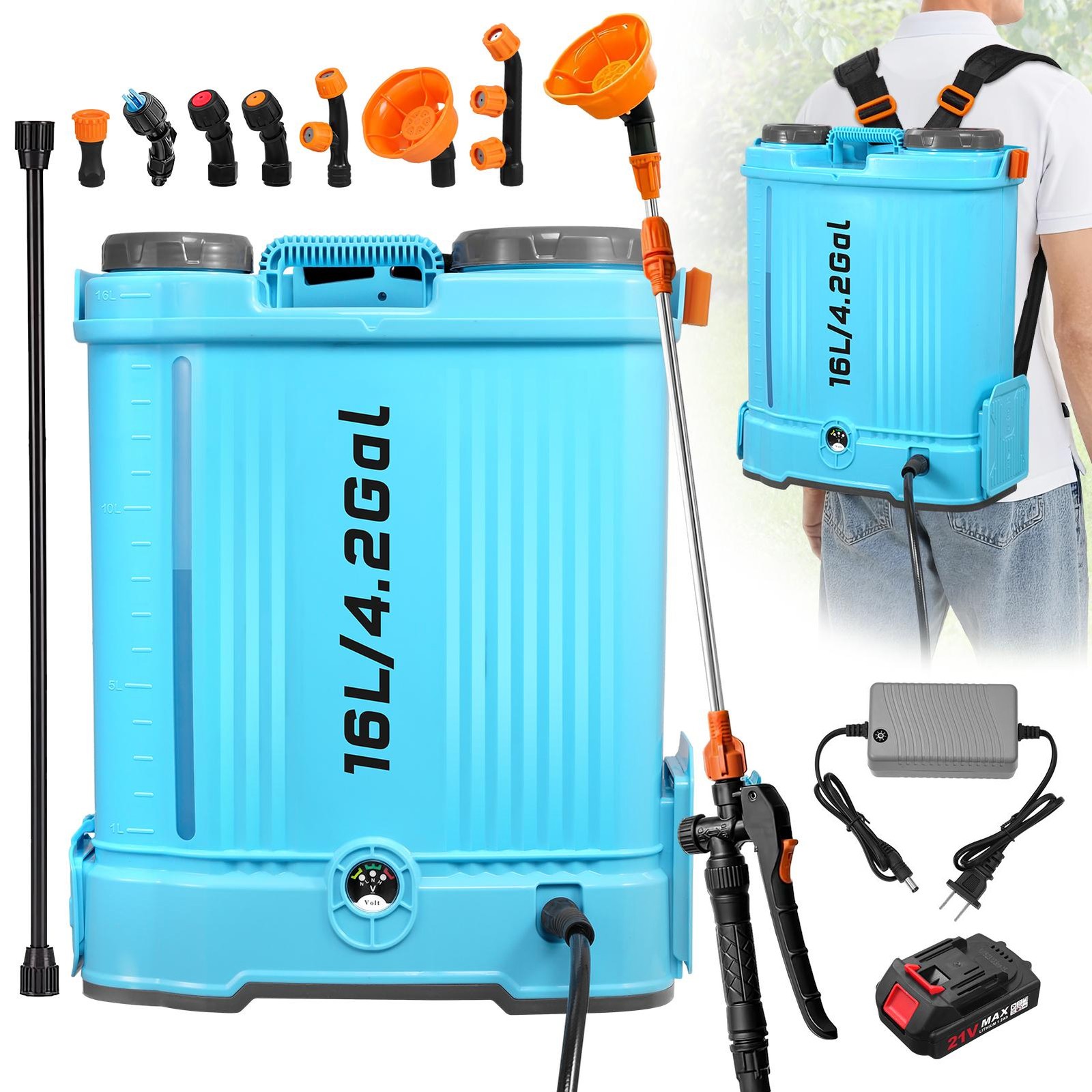 4.2 Gallon Battery Powered Backpack Sprayer with Battey and 6 Nozzles for Lawn