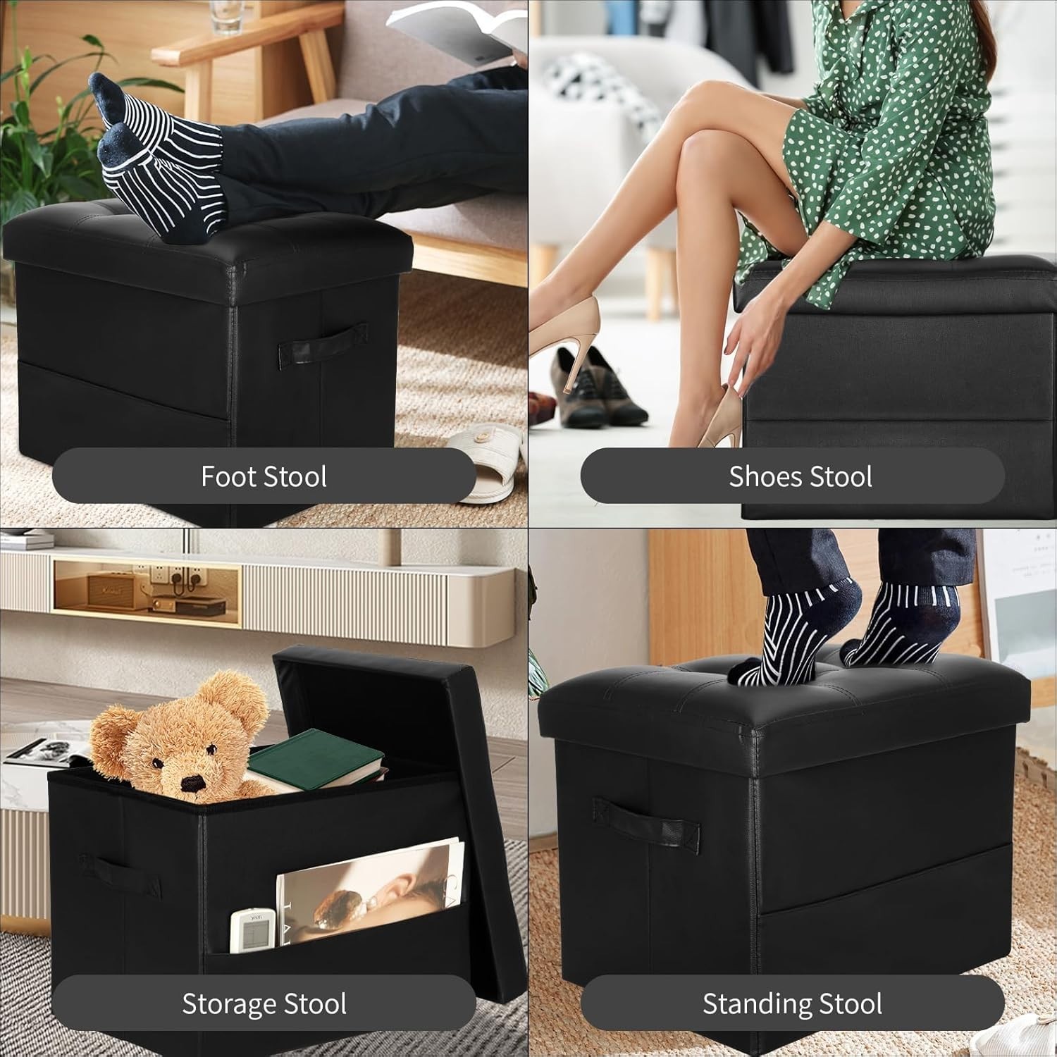 Multipurpose Storage Ottoman – Black Faux Leather, Comfortable & Easy to Clean