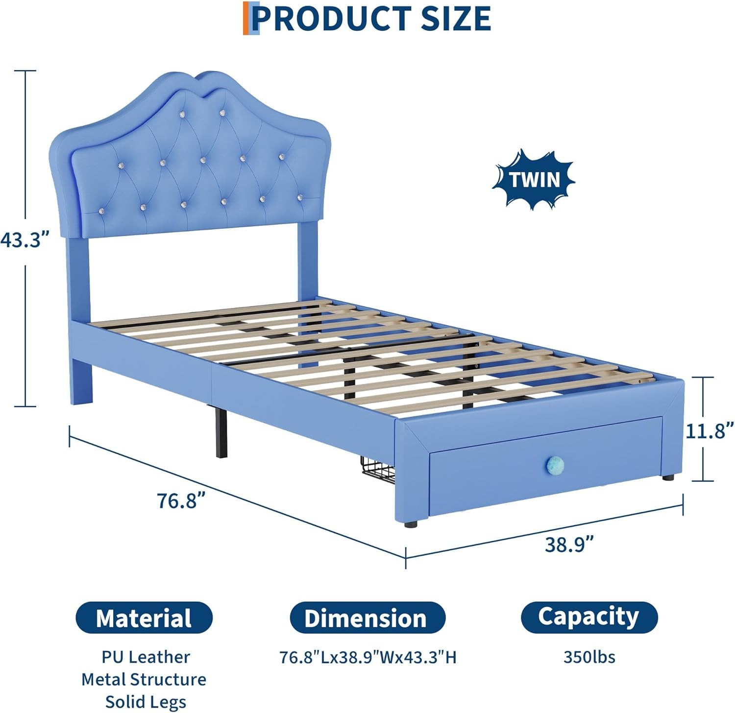 Twin Size Upholstered Bed Frame w/ Storage Drawer & LED Headboard for Kids/Girls
