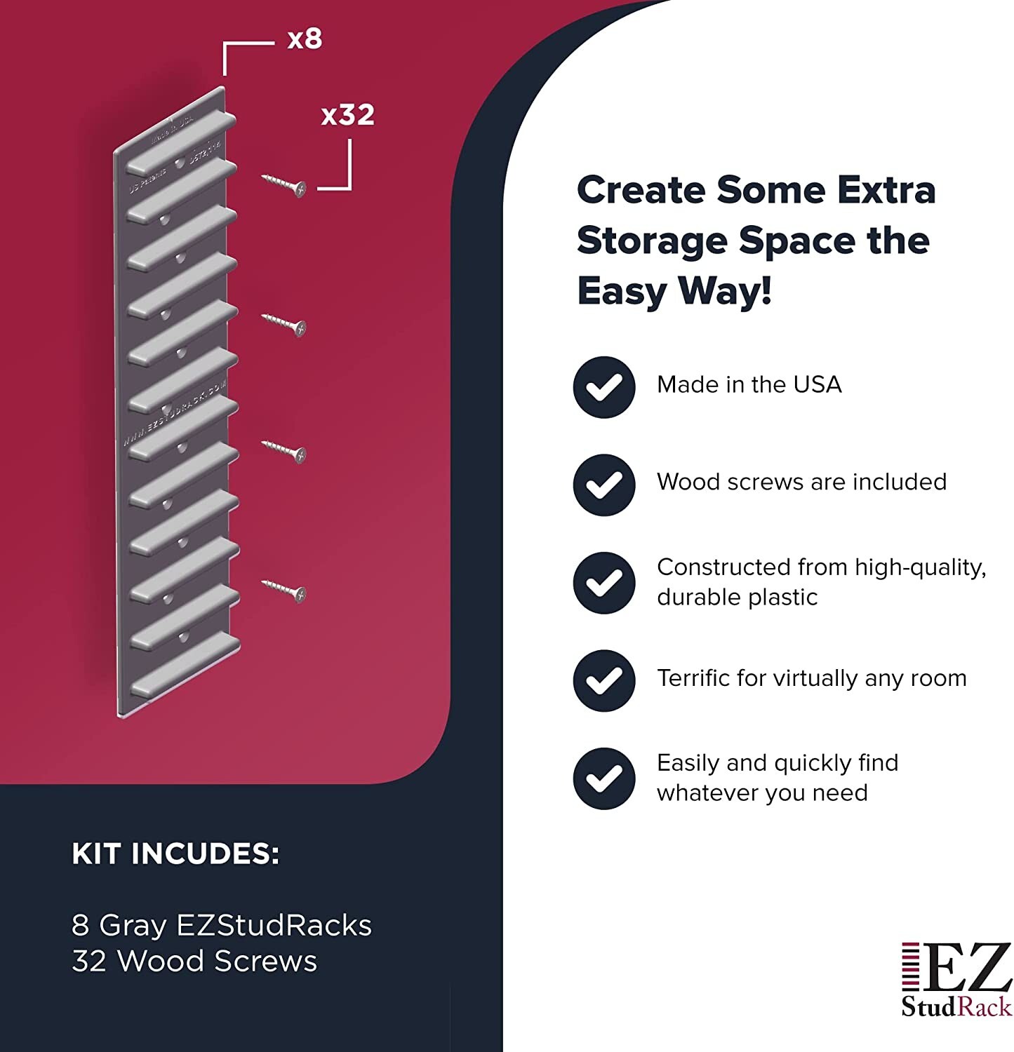EZStudRack Shelving System- 8 Pack Gray, 32 Wood Screws-WOOD NOT INCLUDED