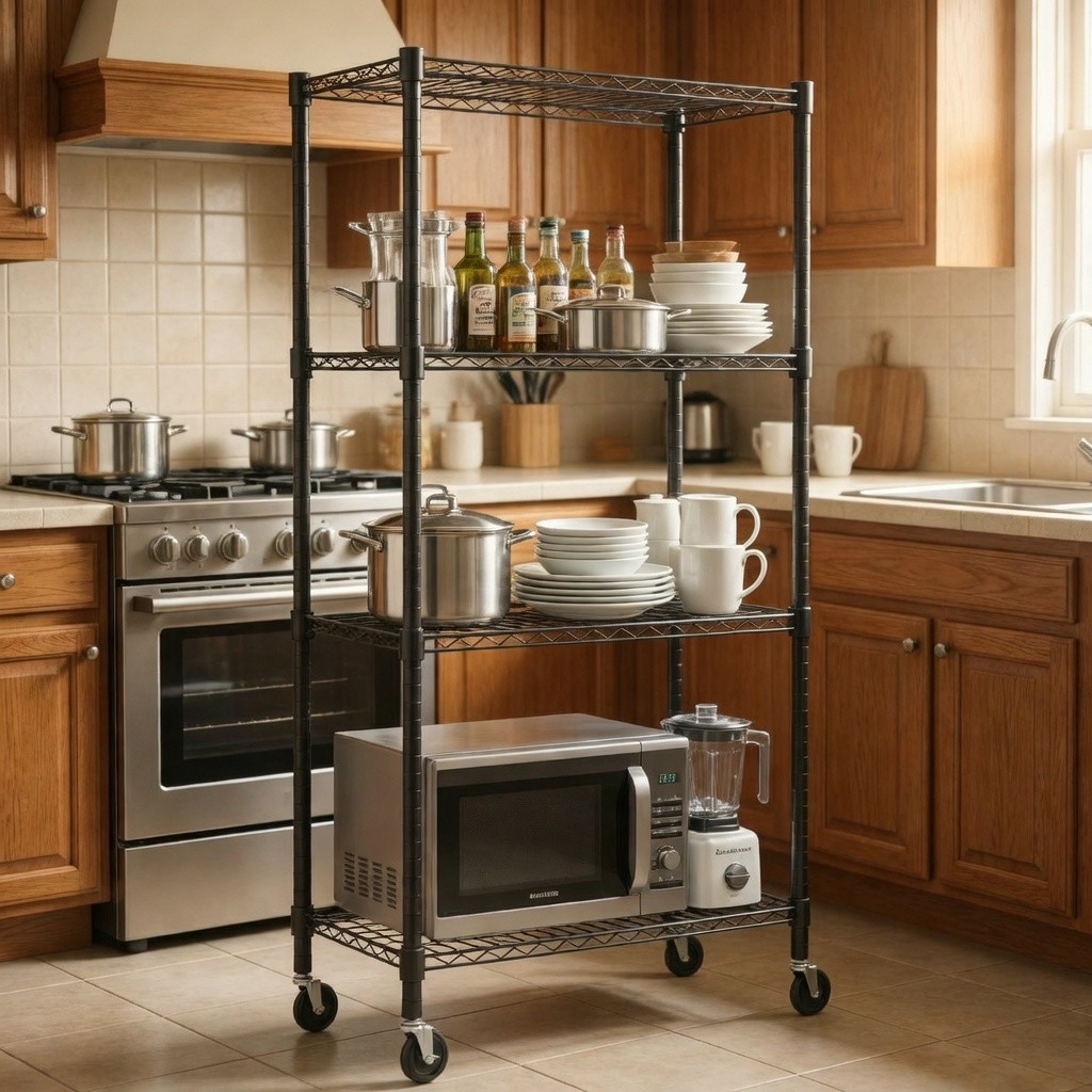 Heavy Duty 4-Tier Metal Storage Shelf with Wheels Adjustable Commercial Wire Rac