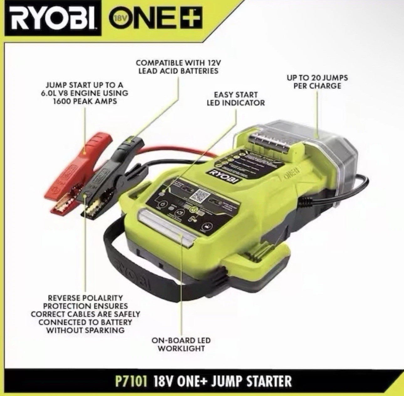 RYOBI ONE+ 18V 1600A Cordless Jump Starter Kit w/ Battery Charger LED P7110 NEW