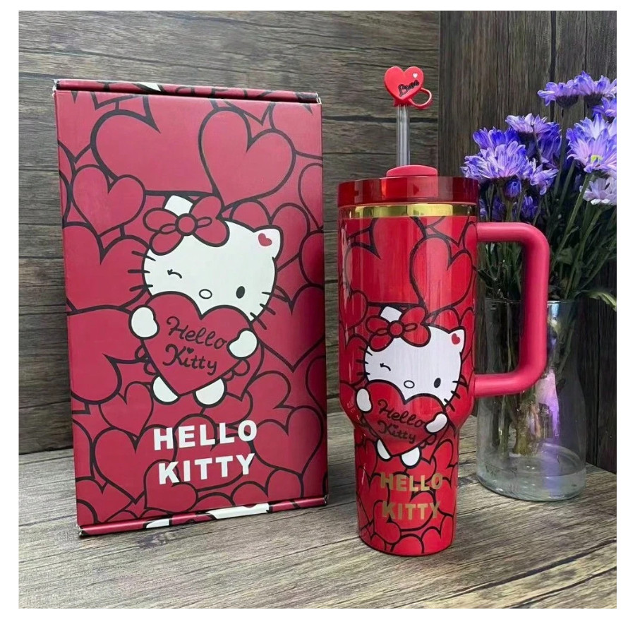40 Oz Red big heart Hello kitty Tumbler Stainless Steel Coffee Mug Cup IN HAND