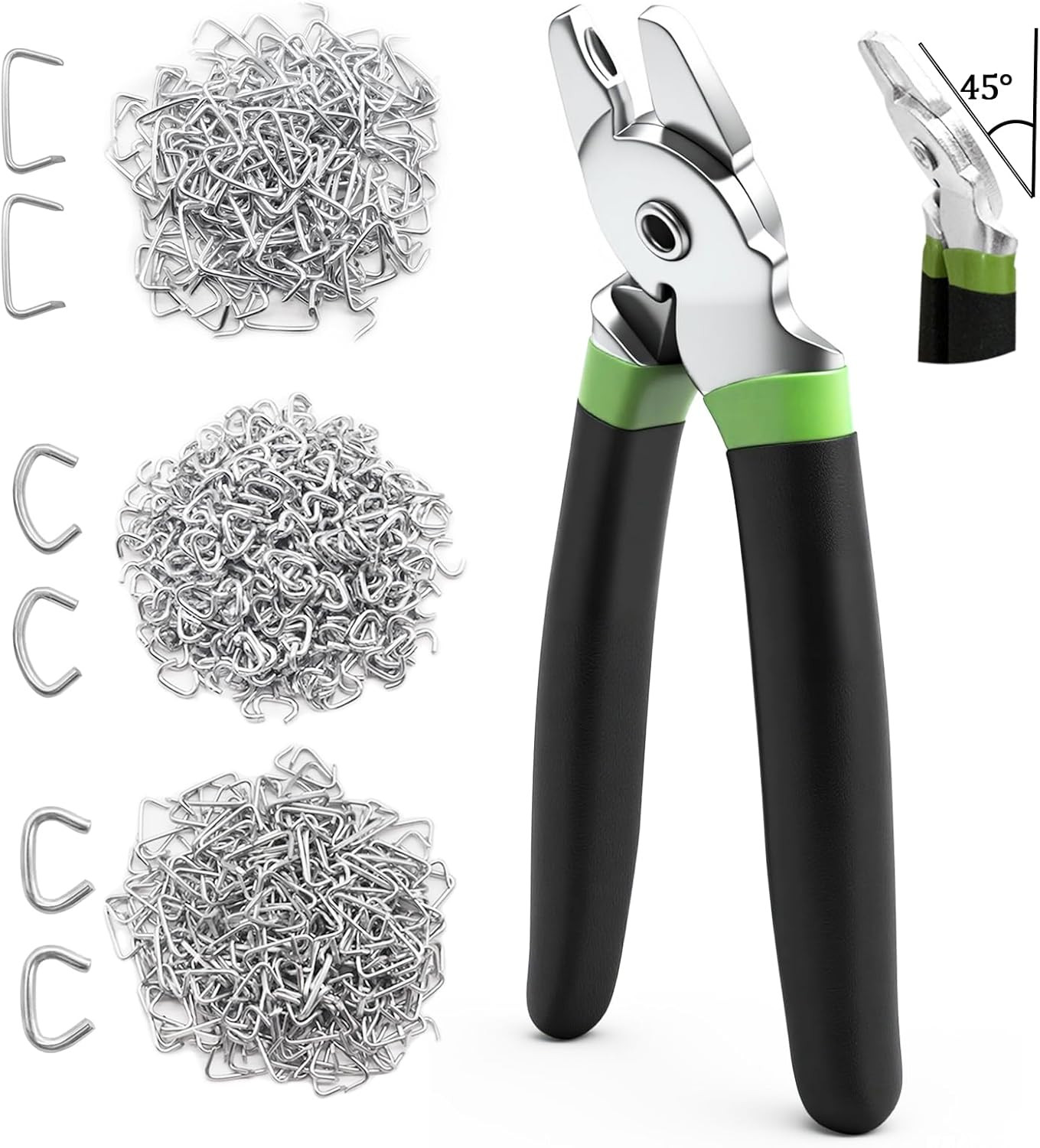 300Pcs Hog Rings w/ Bent Hog Ring Pliers Kit 3/4″ 1/2″ 3/8″ Galvanized Hog Rings