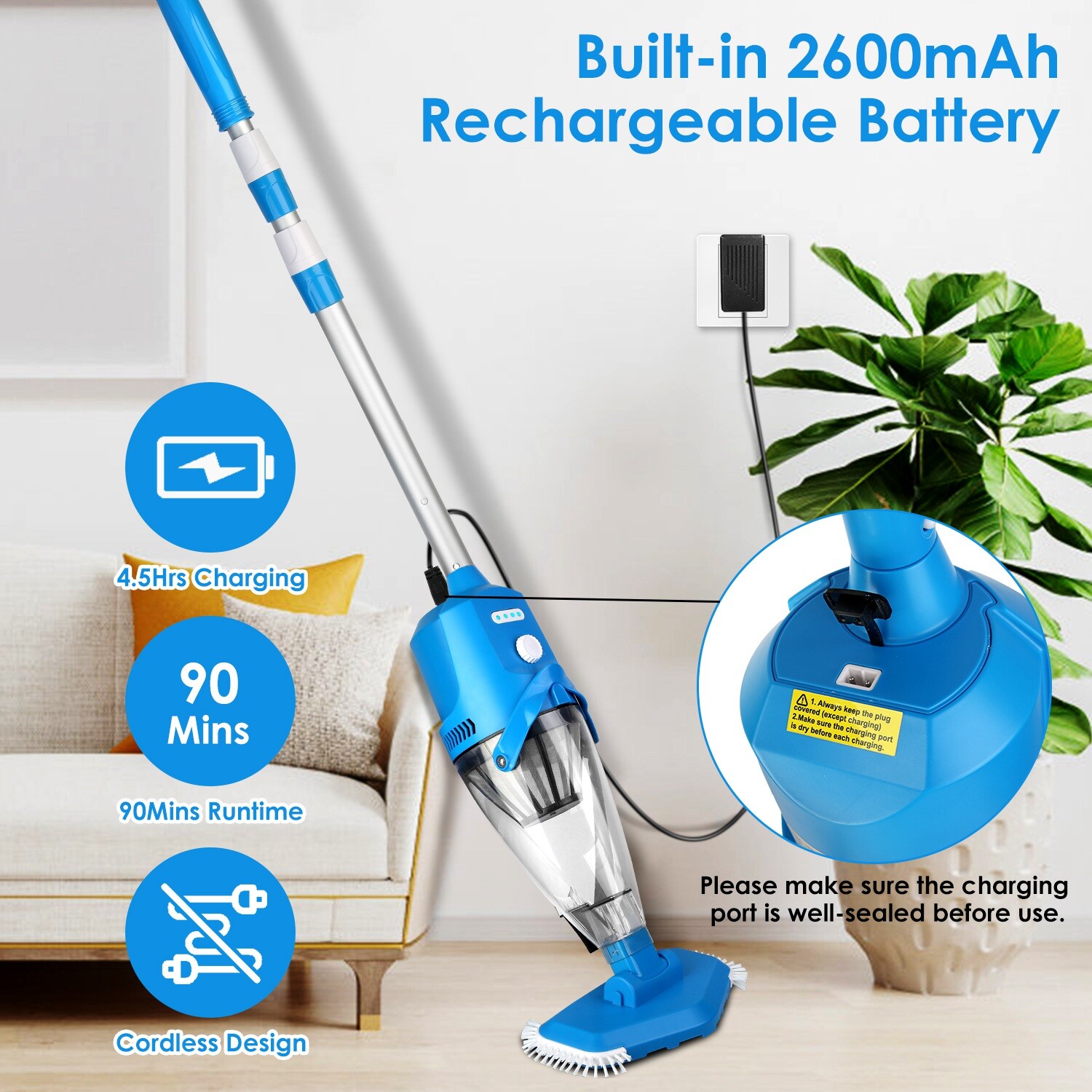 Cordless Pool Vacuum with Telescopic Pole Powerful Suction IPX8 Waterproof