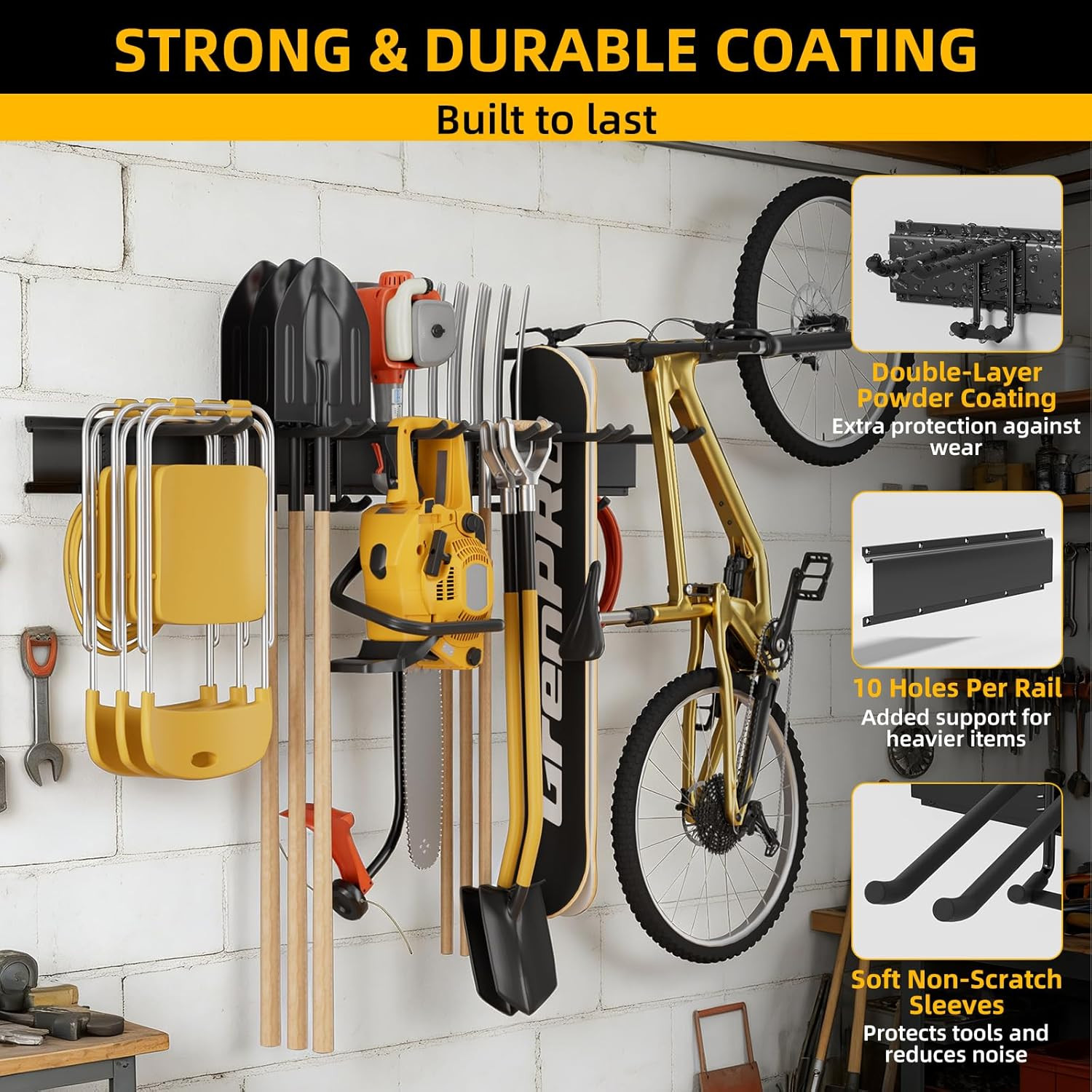 Garage Tool Organizer Wall Mount with 49.5 Inches Rails and 6 Double-Layer Hooks