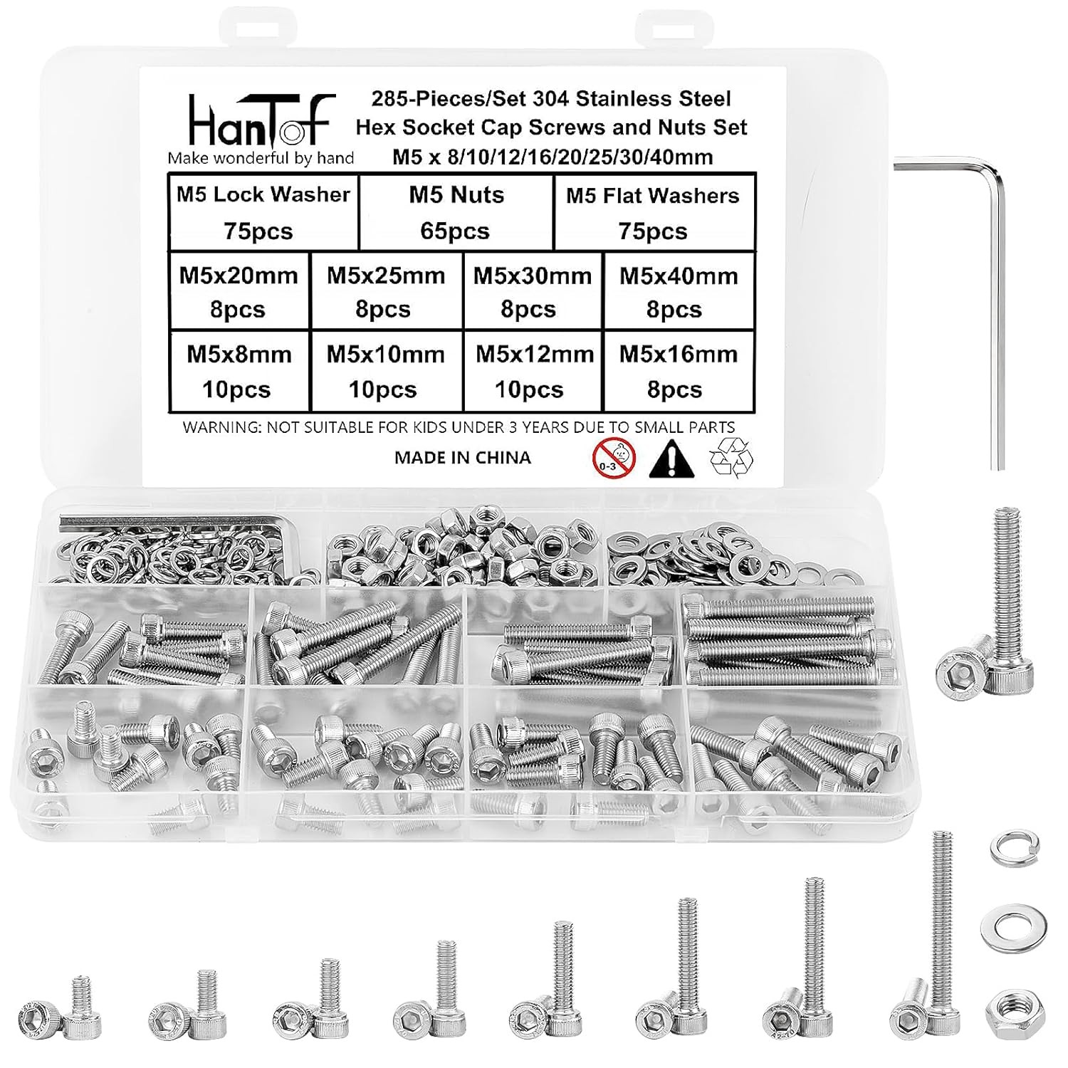 M3/4/5/6 Hex Socket Head Cap Screws Bolts Nuts & Washers Assortment Kit (6-40mm)