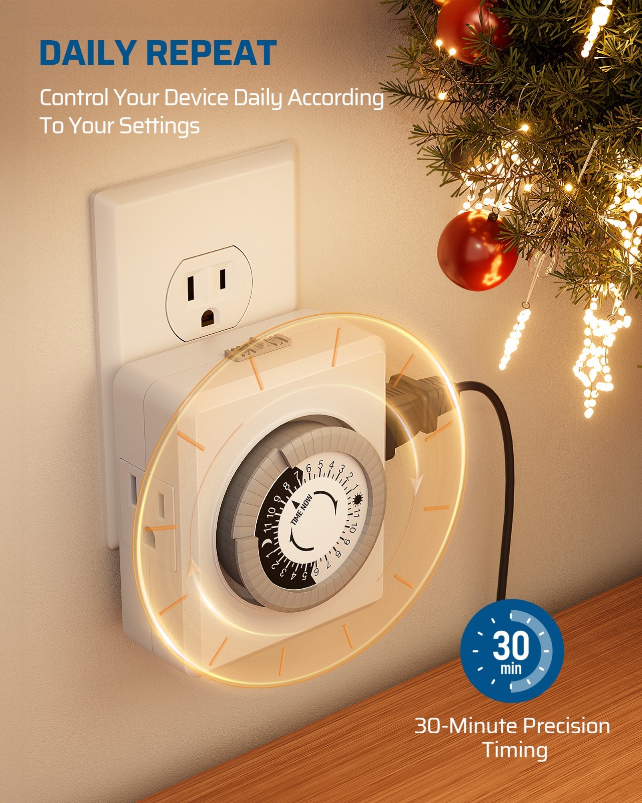 DEWENWILS 24-Hr Mechanical Light Timer 2-Pack, For Lamps, Christmas Lights, ETL