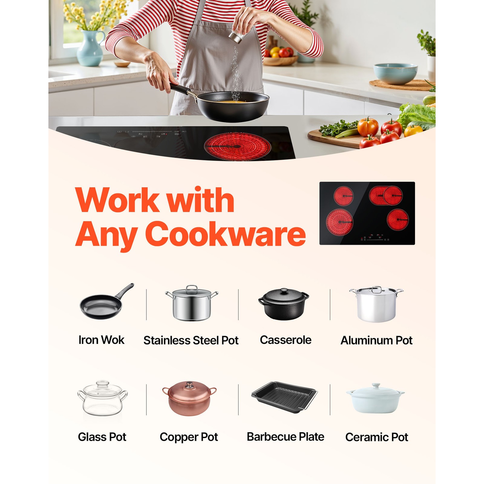 VEVOR 30in Electric Cooktop 4 Burners Ceramic Glass Stove Top Touch Control