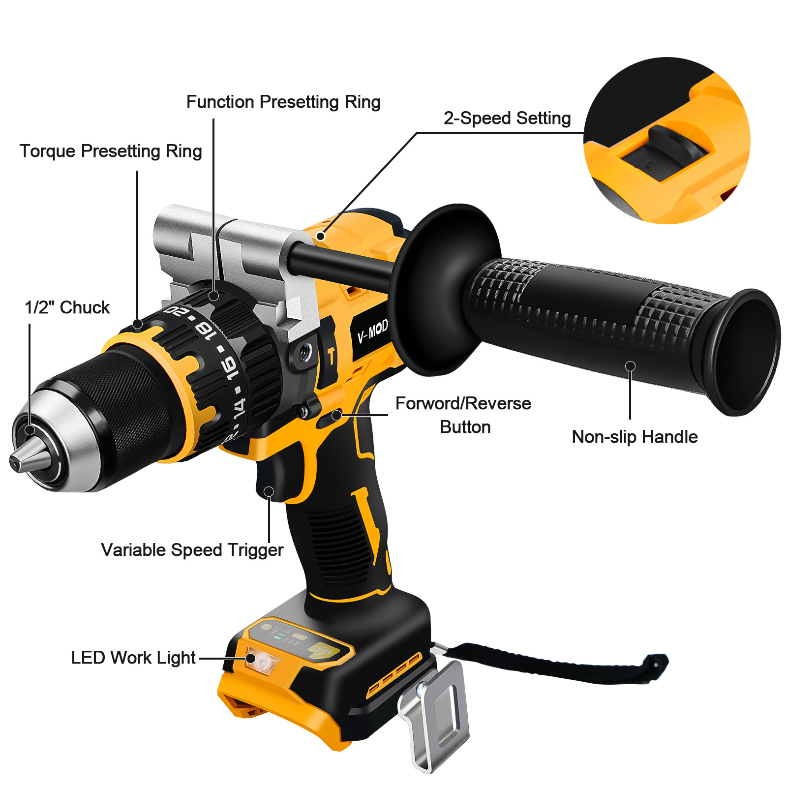 1/2″ Cordless Hammer Drill/Driver Brushless For DEWALT 20V MAX Battery 2-Speed