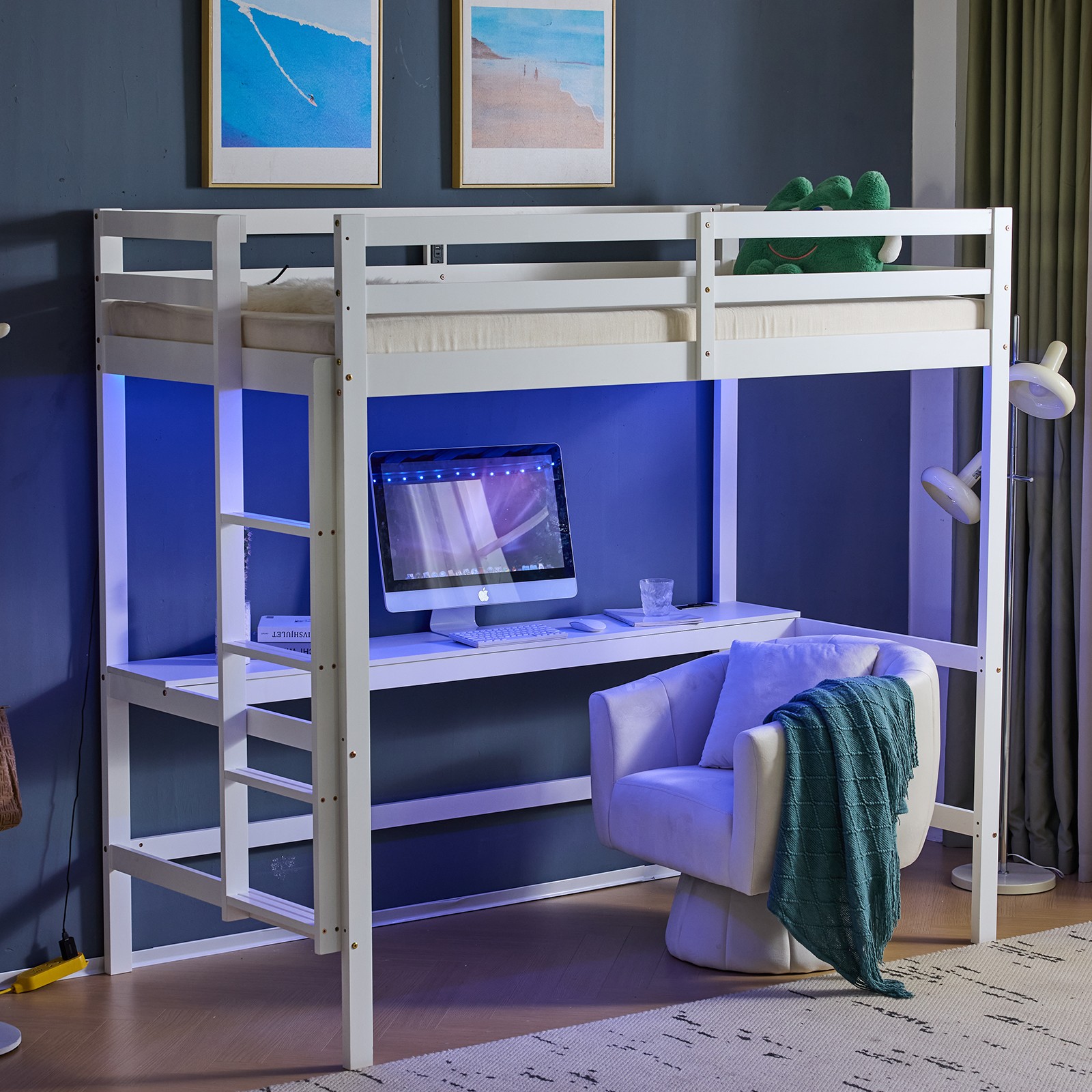 Wood Loft Bed Twin Size with RGB LED 2 Charging Station for Adults Kids Teens