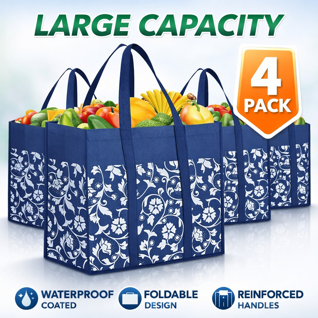 Reusable Grocery Bags 4 Pack Large Foldable Tote Waterproof Shopping Bags Set