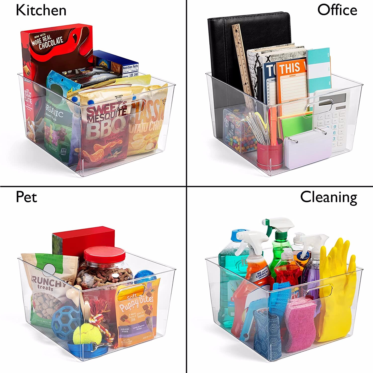 New – 4 Pack XLarge Plastic Storage Organizer Container Bins with Cutout Handles