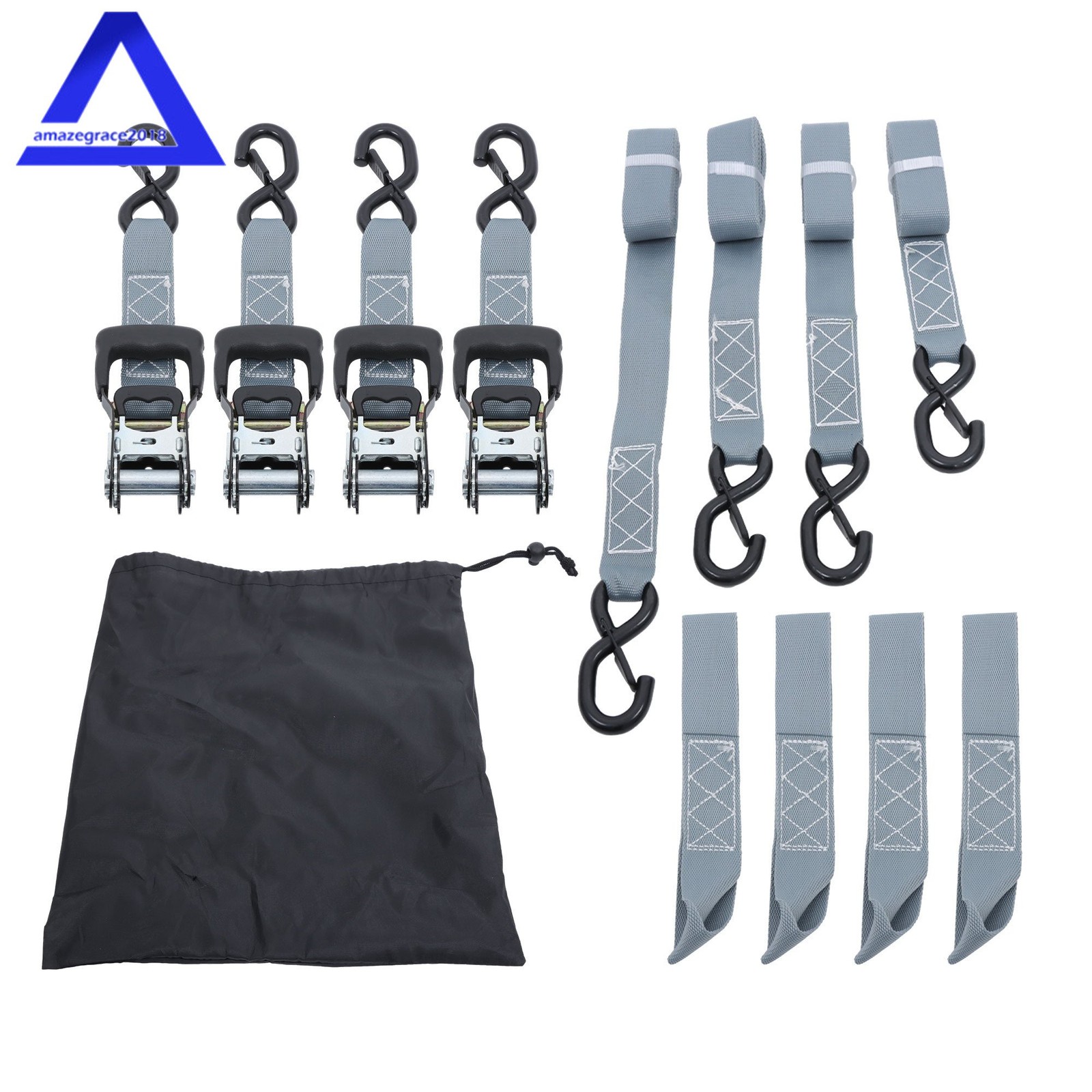 4 Pack 1.6″ × 8 Feet Heavy Duty Tie Downs 5208Lbs Ratchet Straps W/ S Hook Gray