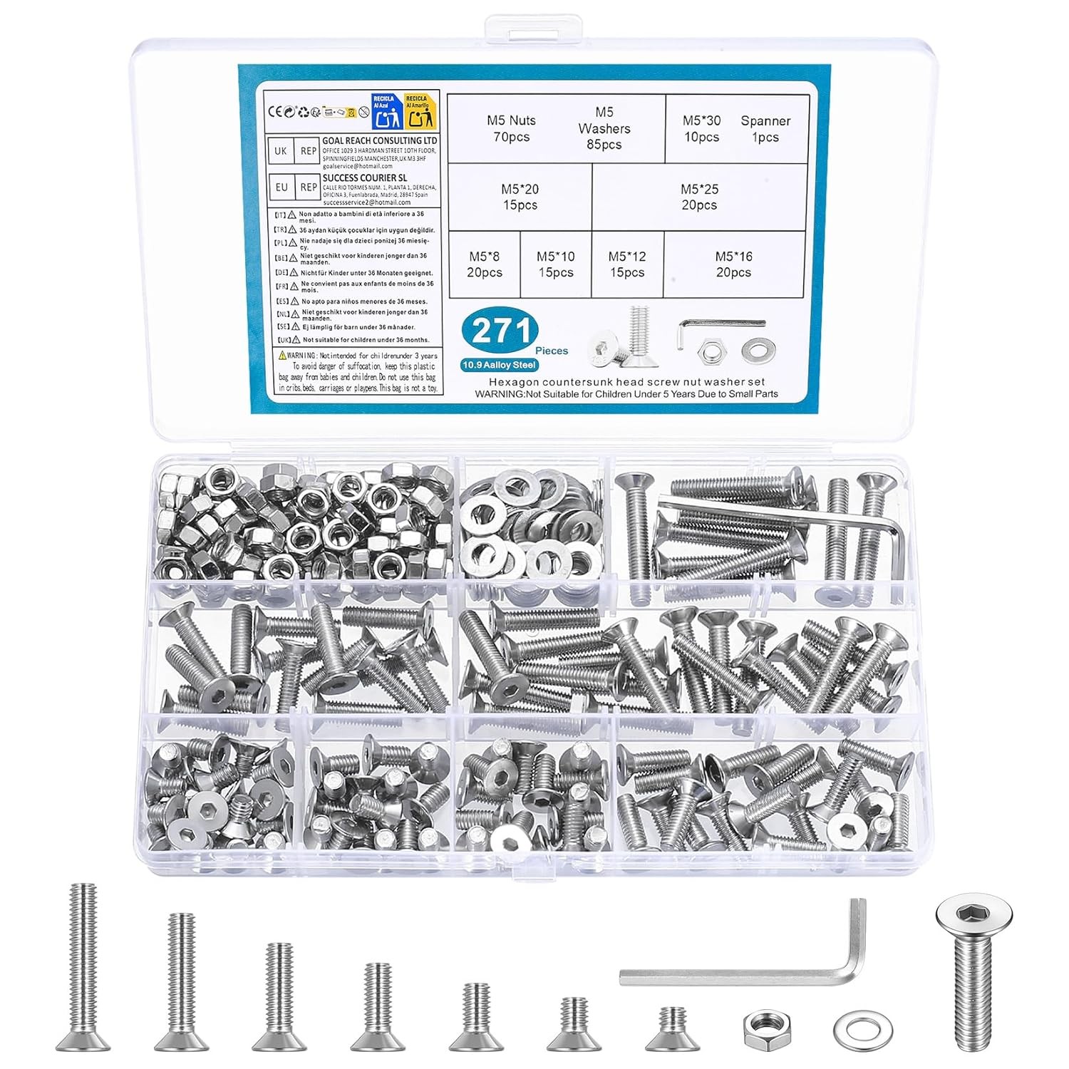M3M4M5M6M8 Hex Socket Head Countersunk Screws Bolts Nuts Washers Assortment Kit