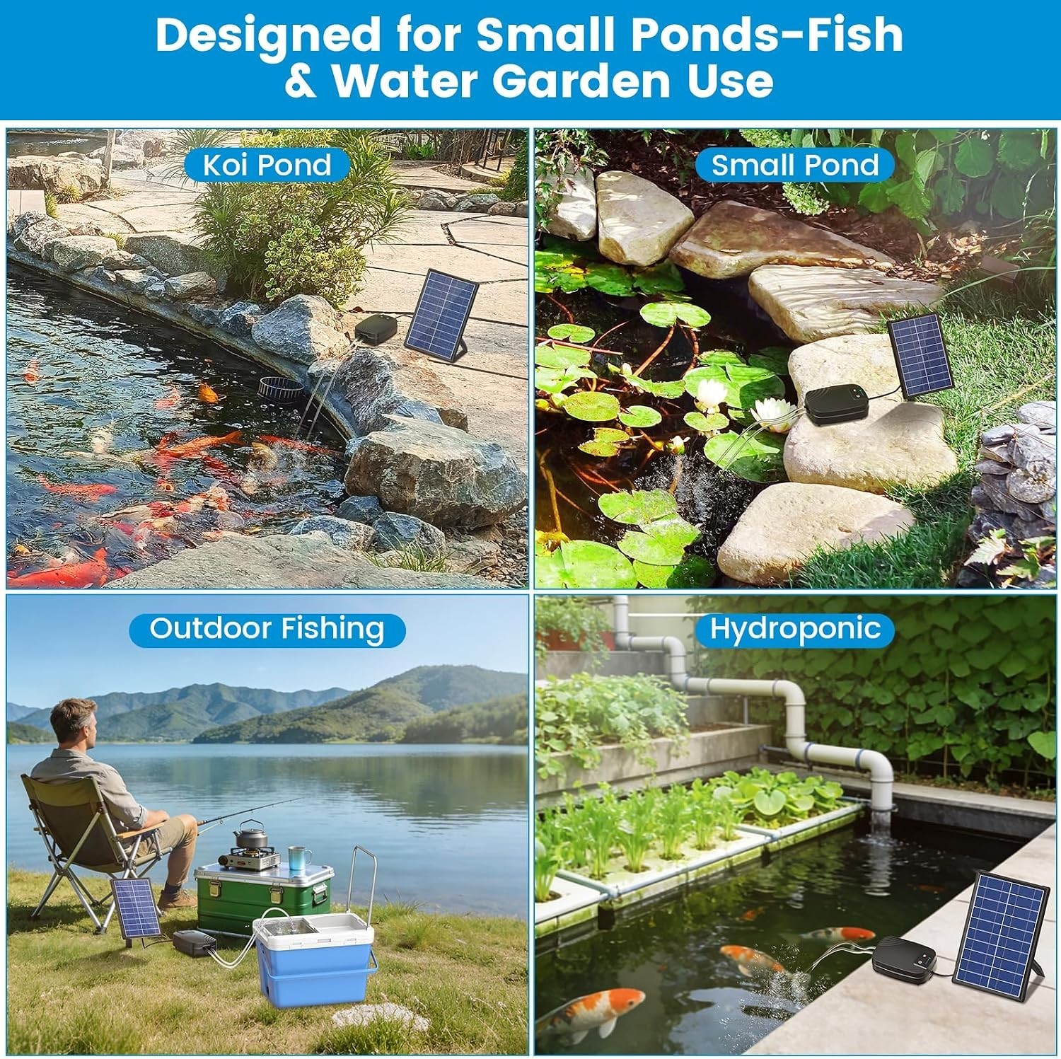 8W Solar Pond Aerator with 4400mAh Battery Backup, All-in-One Solar Air Pump, 24
