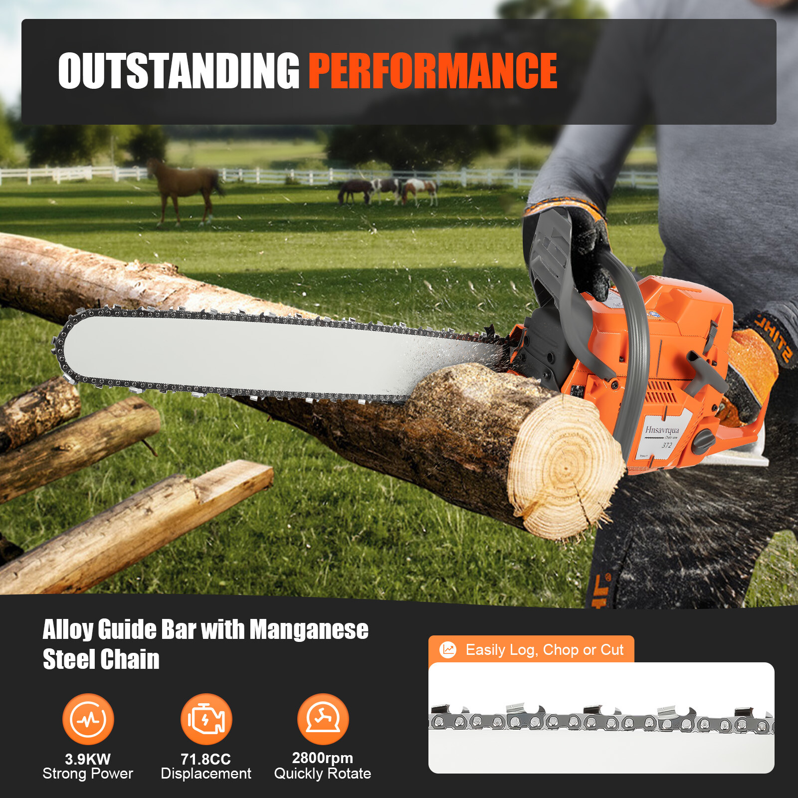 72cc Gas Powered Chainsaw with 24” Guide Bar Chain Saw 2-Stroke Engine Cut Wood
