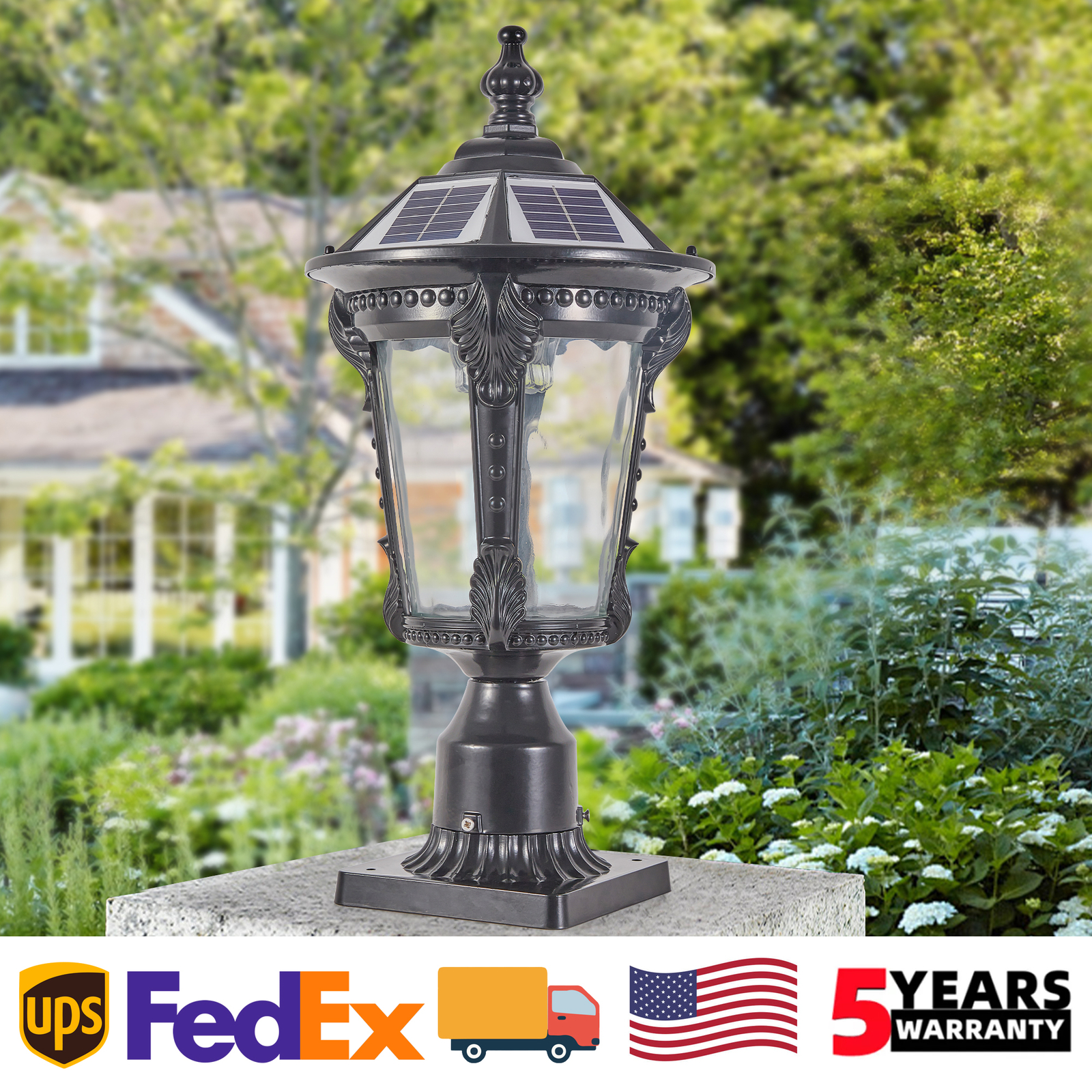 19” Solar Lamp Post Light Outdoor Black Pillar Dusk To Dawn With Remote Control