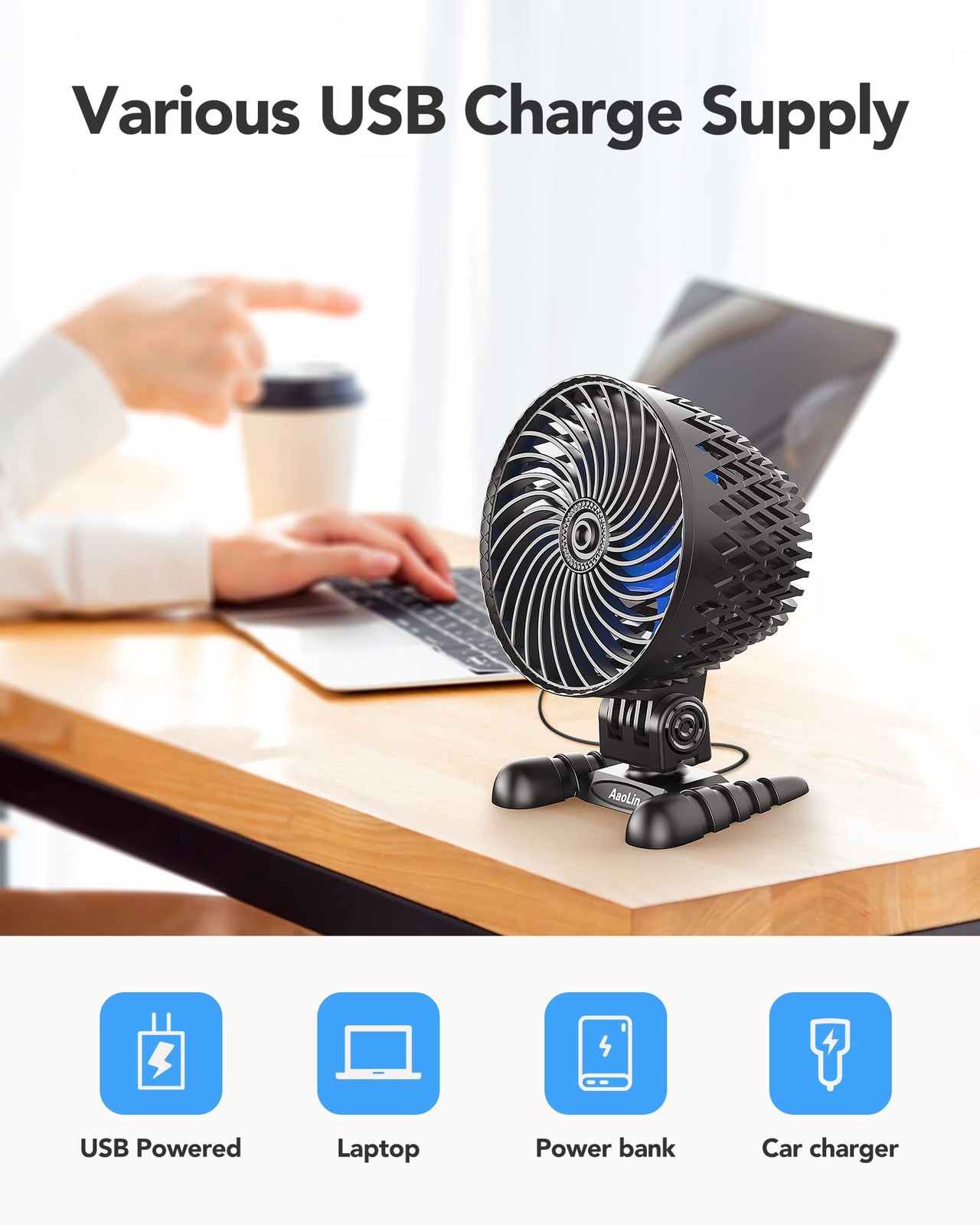 USB Desktop Small Fan, Stepless Speed Adjustment with Desk Black Blue