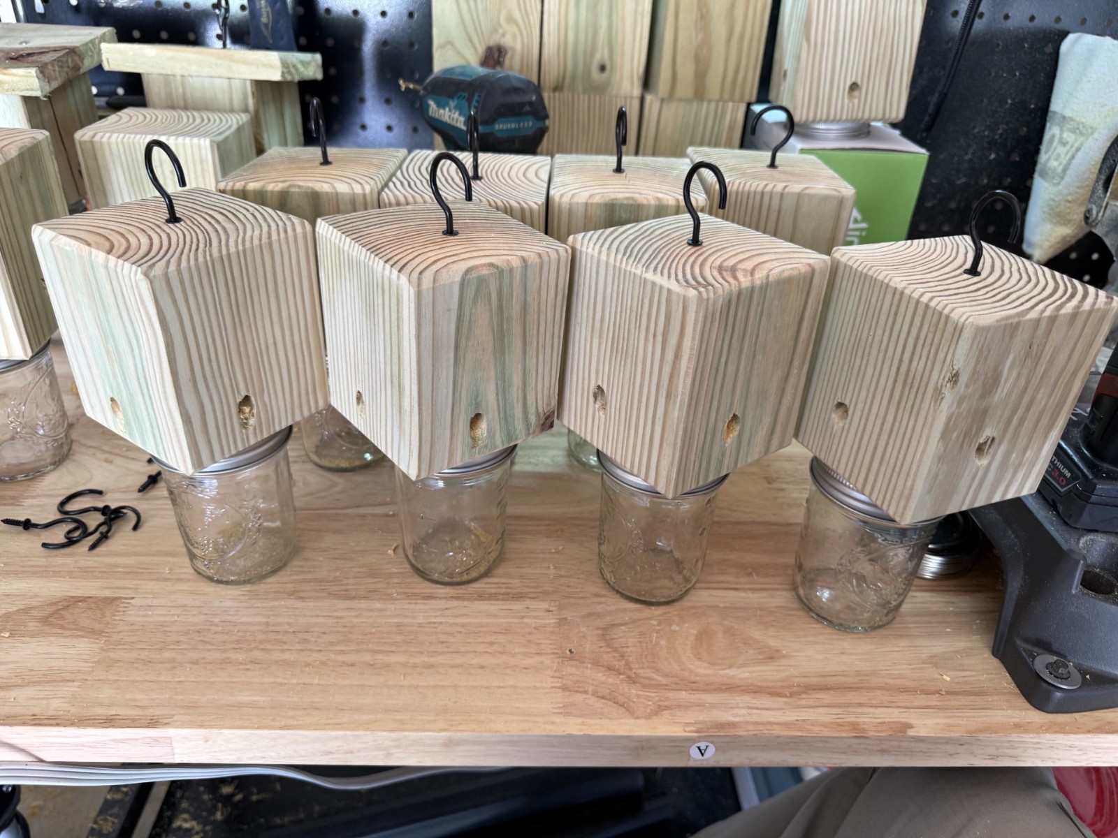 Set Of 2 Handmade Soft Pine Carpenter Bee Traps W/ Jars & Hooks- Free Shipping!