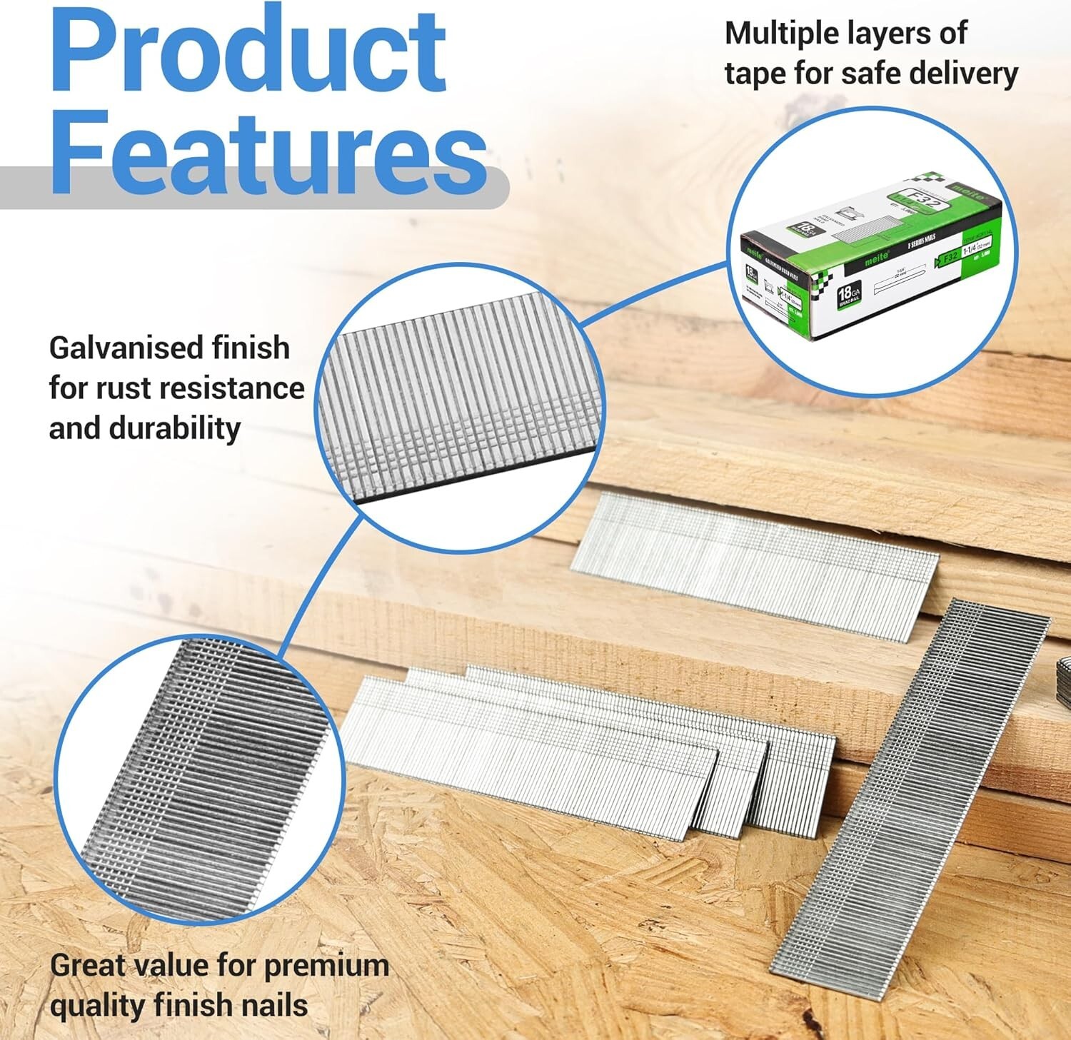 meite 18 Gauge Brad Finish Nails 1/2″ to 2″ Galvanized F Series Bluk Case
