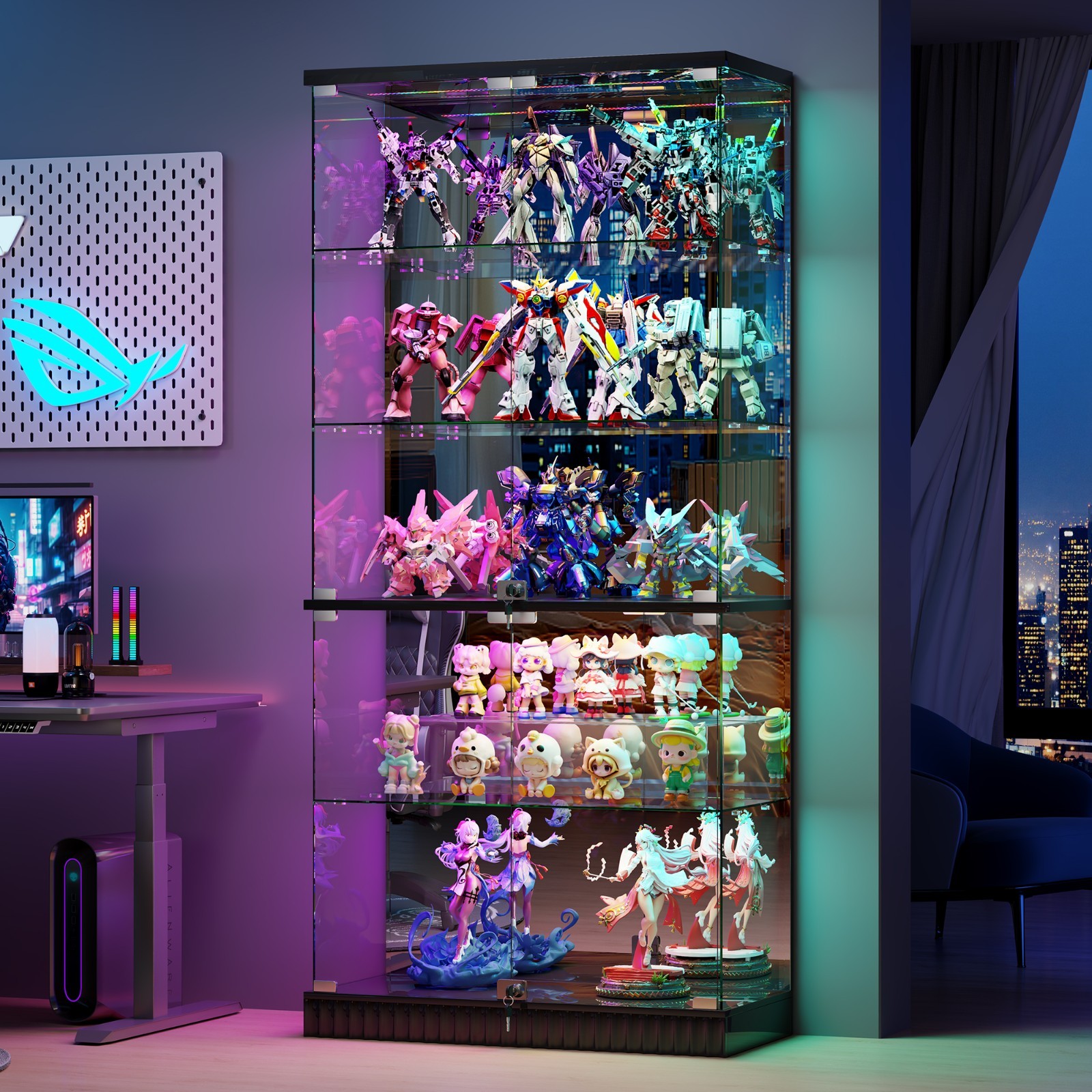 Display Cabinet with Glass Doors, Clear Display Case with Dynamic RGB Lights