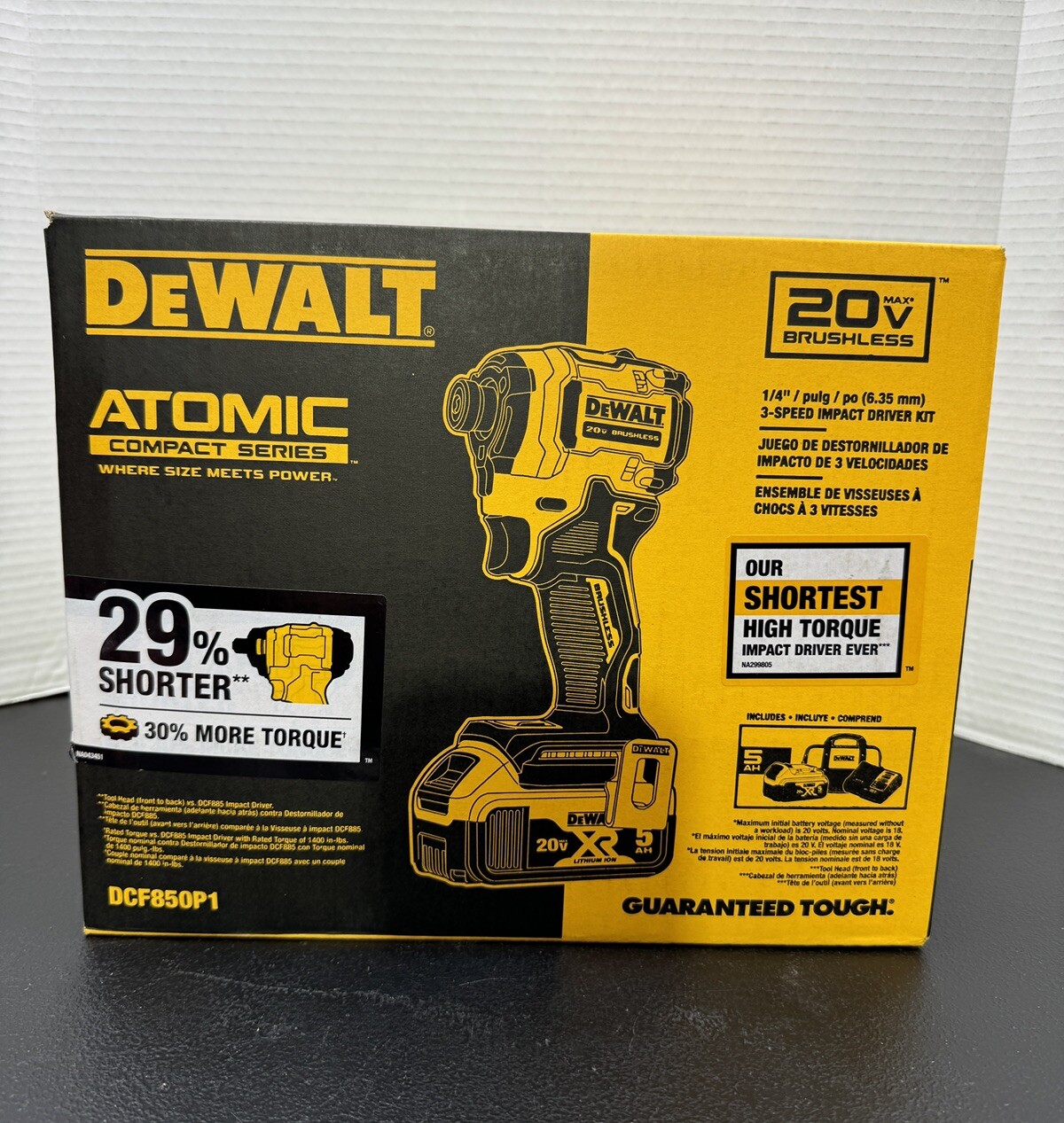 DEWALT ATOMIC 20V 1/4″ IMPACT DRIVER KIT W/ BAG, 5Ah BATTERY & CHARGER DCF850P1