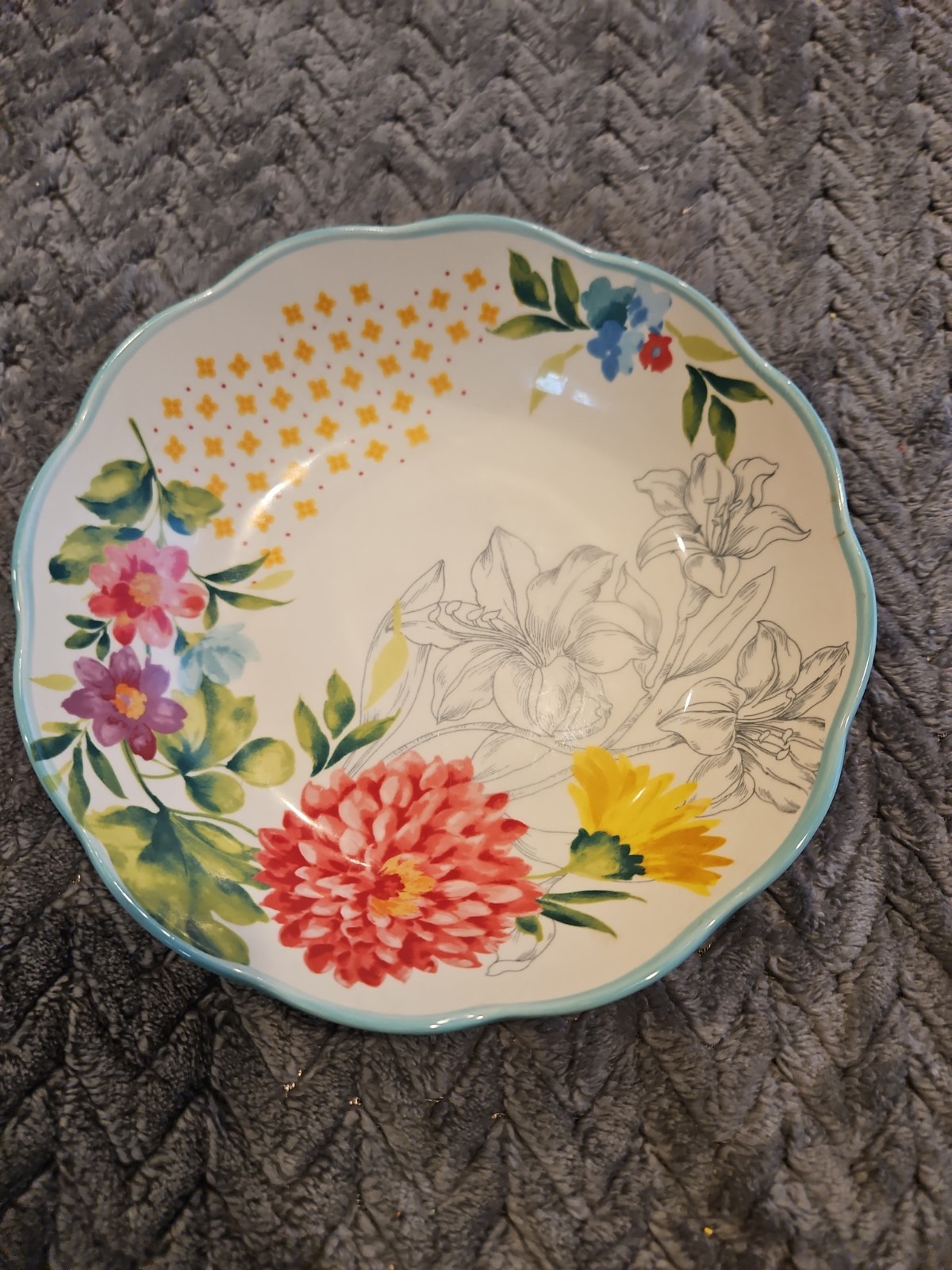 The Pioneer Woman Pasta Bowl Blooming Bouquet 7.5in Teal Floral Stoneware NEW