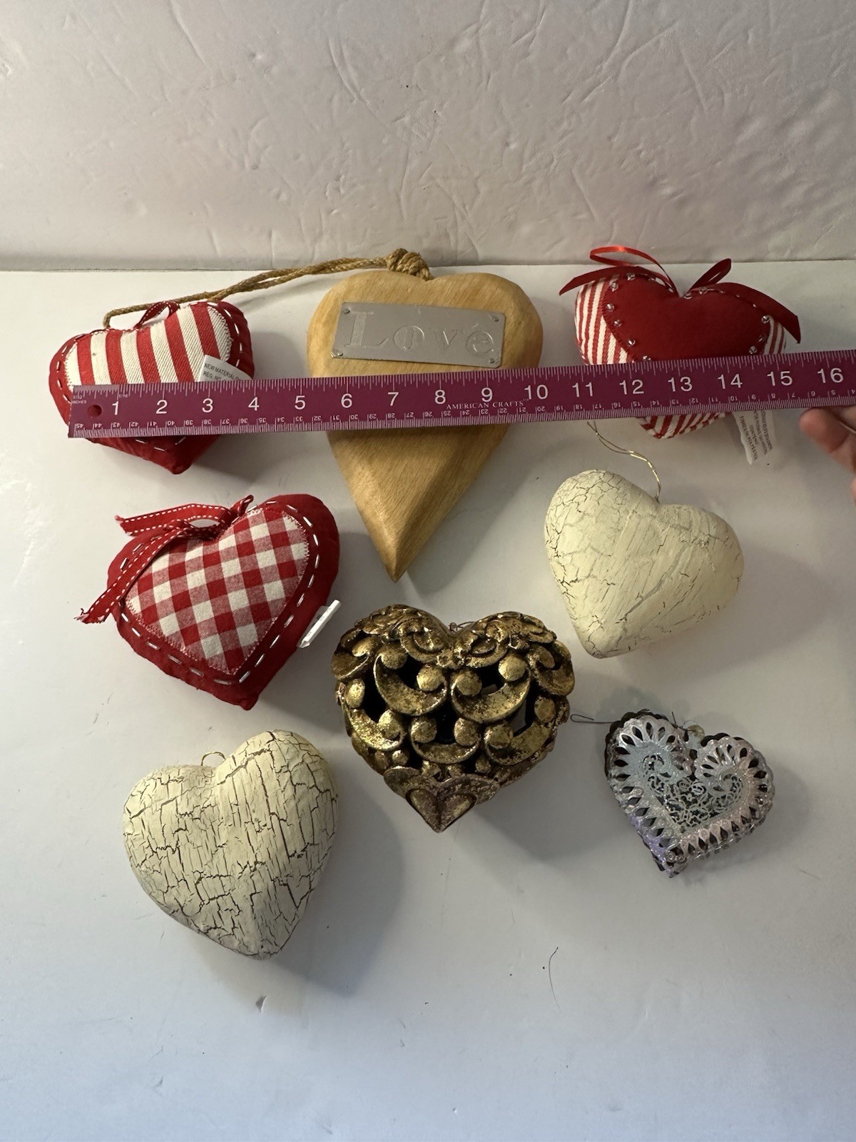 Large Hearts Valentine Decor Lot Of 8 Wood, Metal, Cloth, Paper Mache