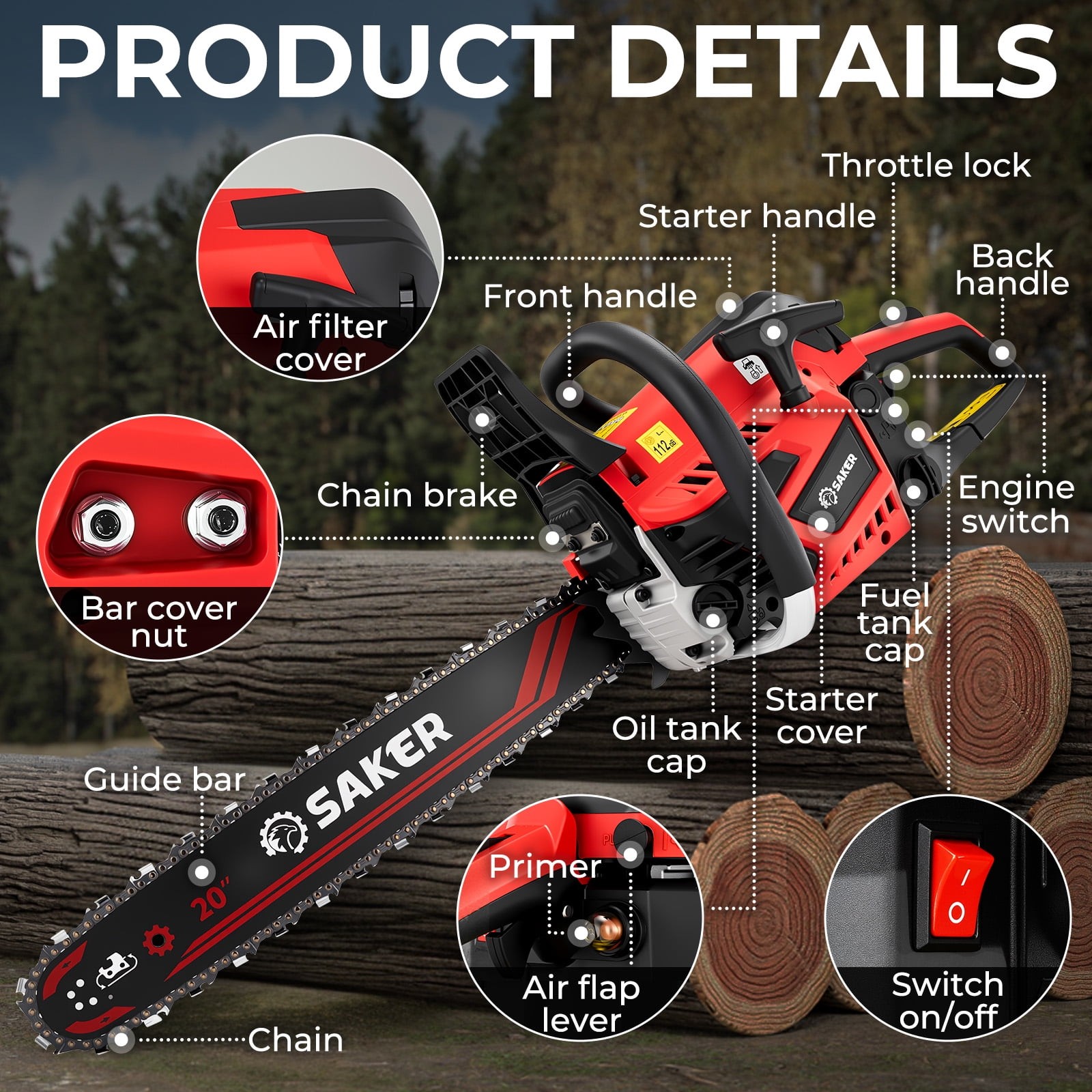 Saker 58cc Gas Chainsaw, 3.2HP 2-Cycle Engine, 20-Inch Manganese Steel Bar,