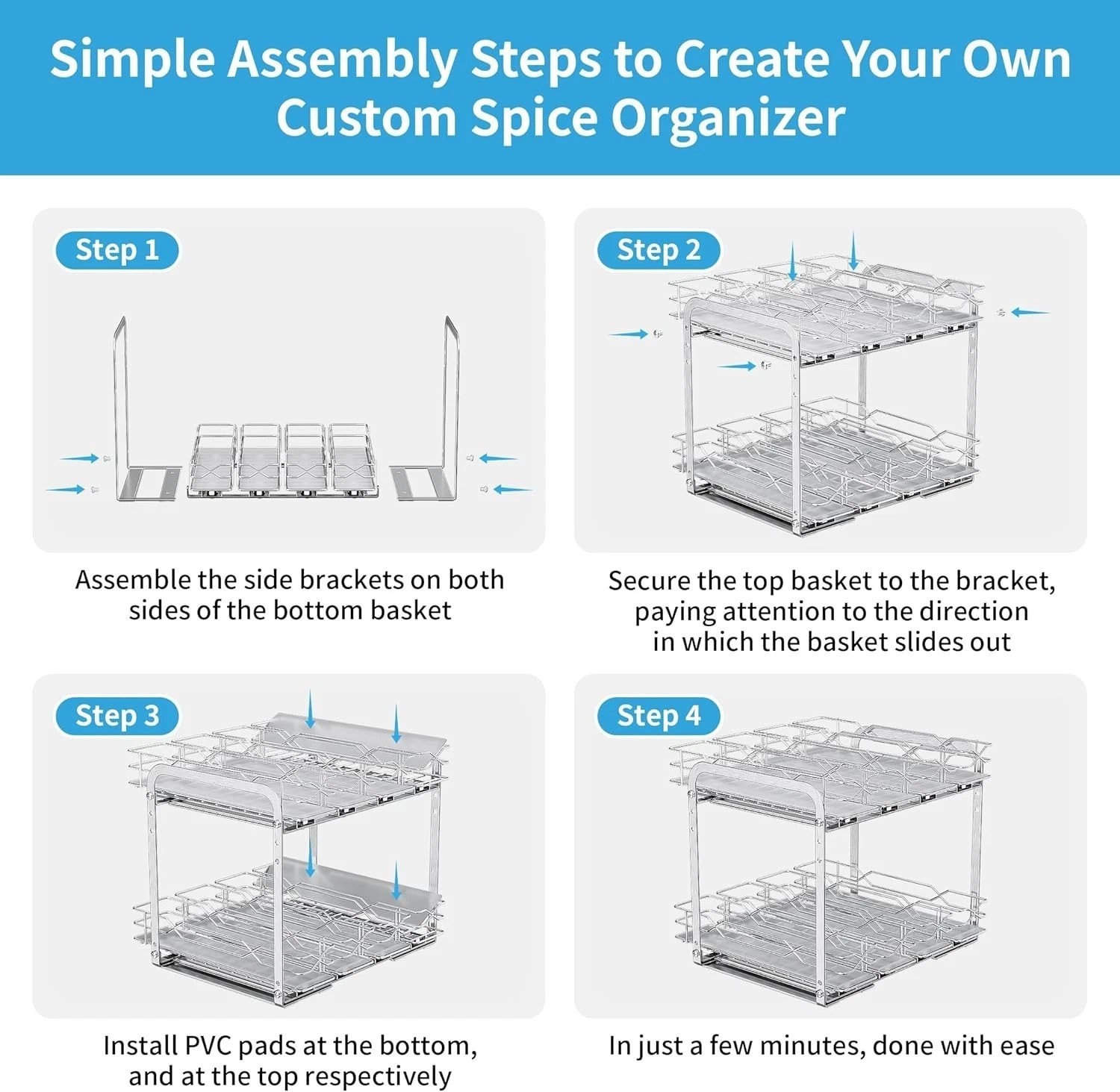 Heavy Duty Chrome Spice Rack Organizer – 2 Tier Pull Out Cabinet Storage, 11″W