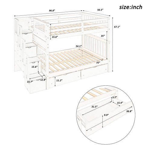 Full Over Full Bunk Bed w/ 6 Storage Drawers & Stairs For Kids Teens Adults Gray